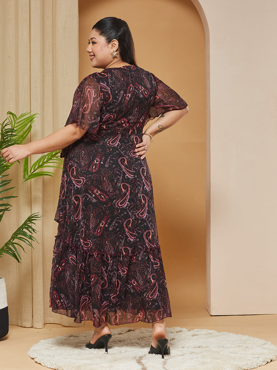 Multicolored-Base-Black Bohemian V-Neck Flutter-Sleeves Chiffon Relaxed Fit Wrap Maxi Dress for Women