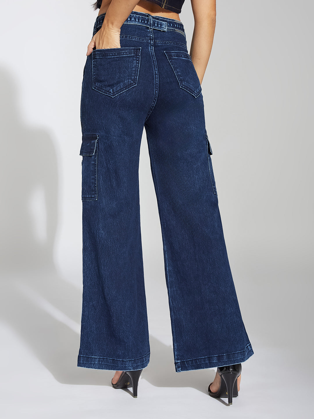 Women's Blue Wide-Leg High-Rise Clean-Look Stretchable Cargo Denim Jeans