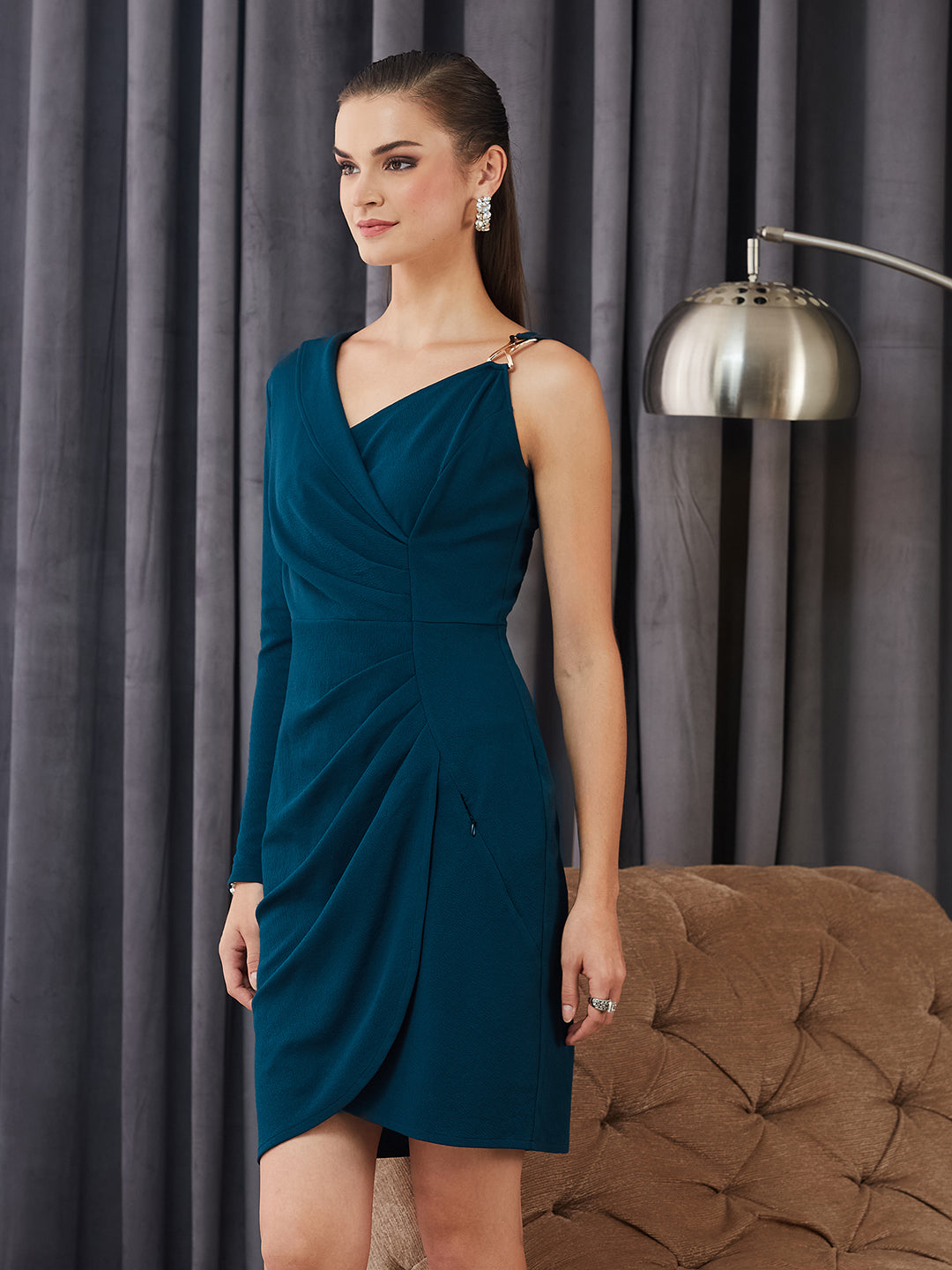 Women's Teal Asymmetric Shawl Collar Asymmetric Solid Bodycon Above-Knee Dress