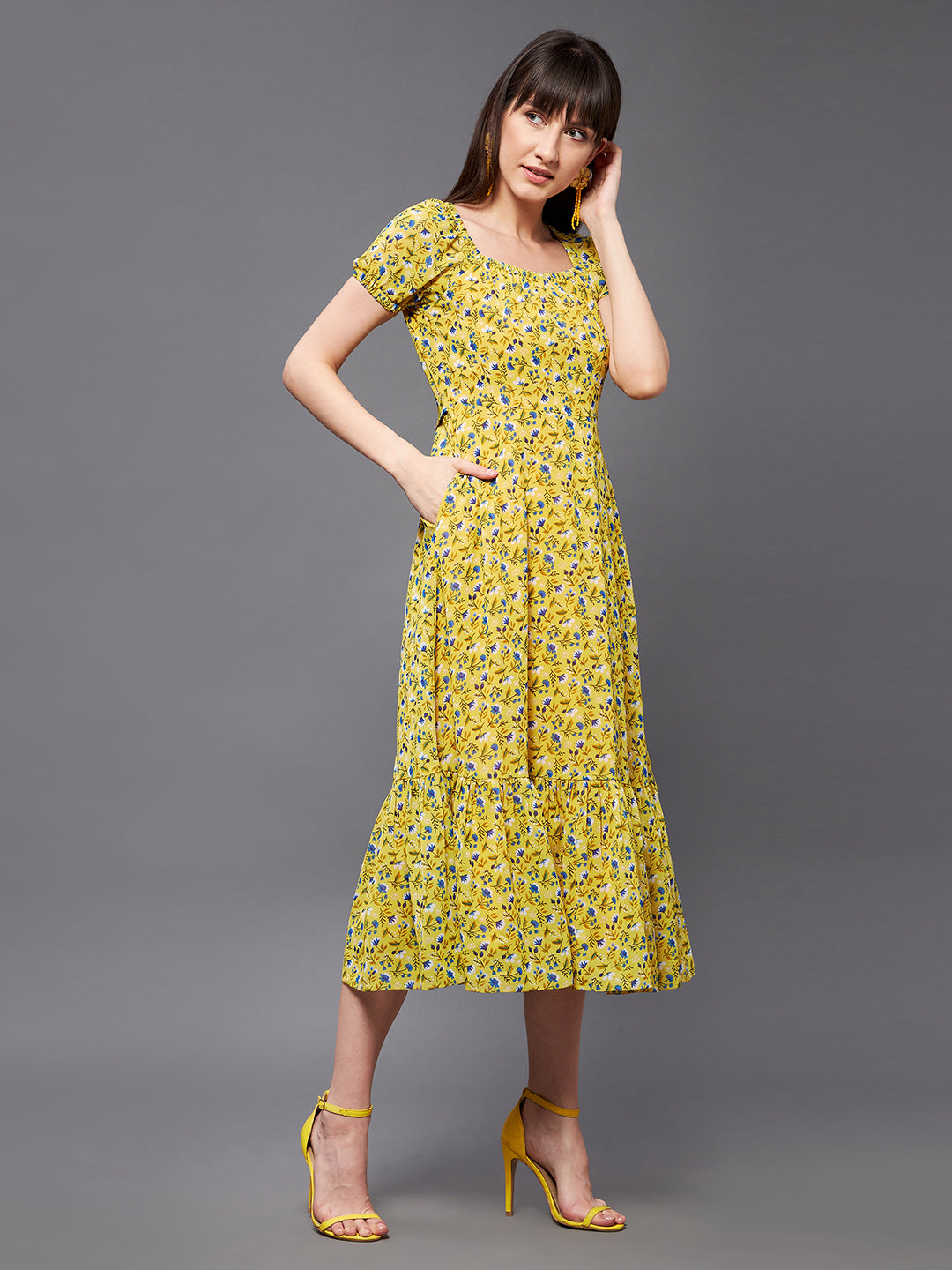 Women's Multicolored Base-Yellow Square Neck Short Puff Sleeve Floral Tiered Georgette Midi Dress