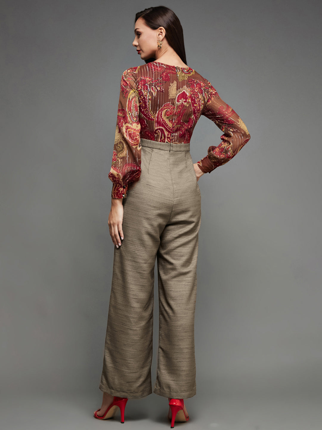 Women's Multicolored V-Neck Bishop Sleeve Bohemian Straight Leg Wrap Silk Jumpsuit