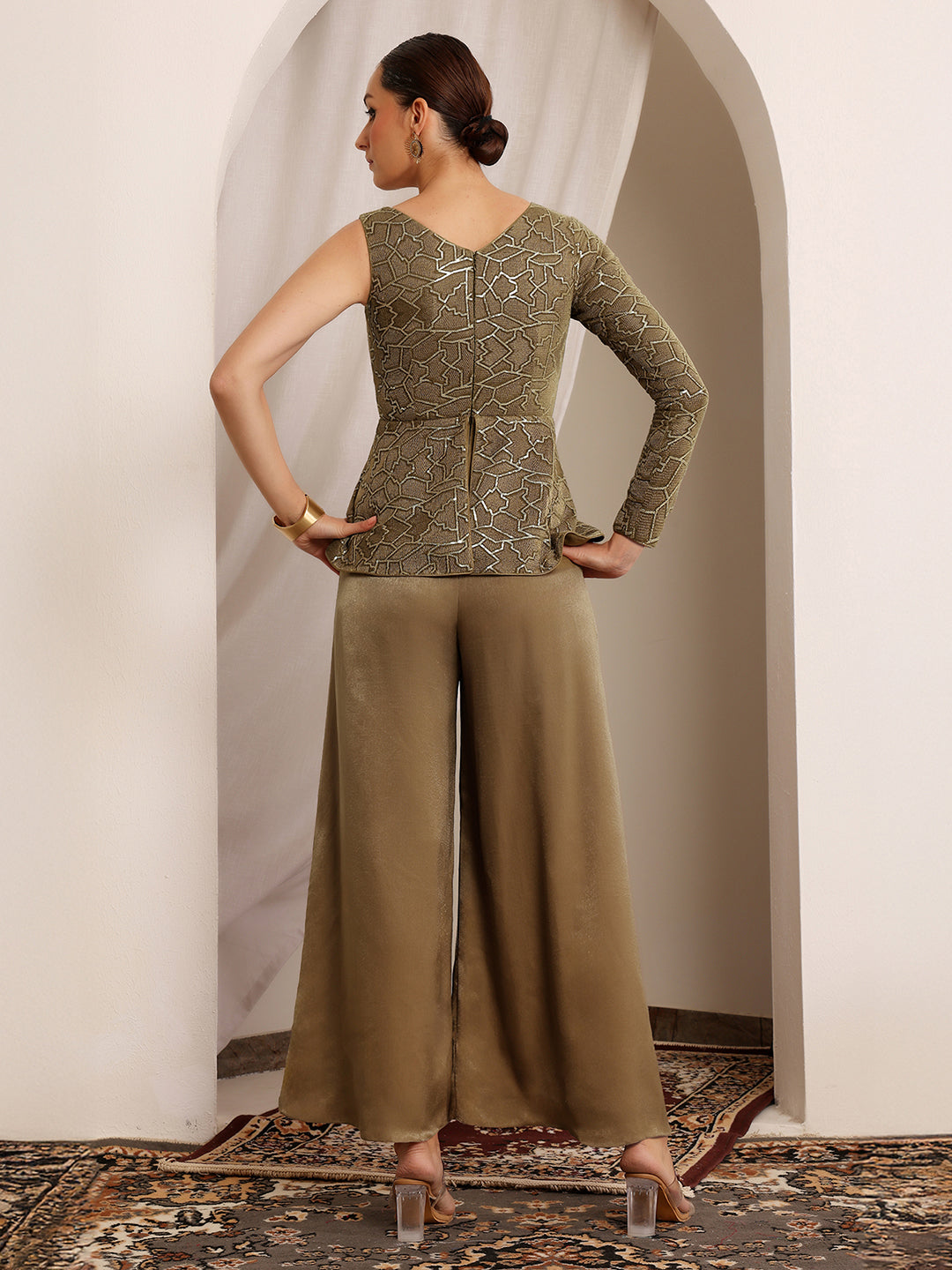 Lila Zari Dark Beige Geometric Peplum Satin Jumpsuit