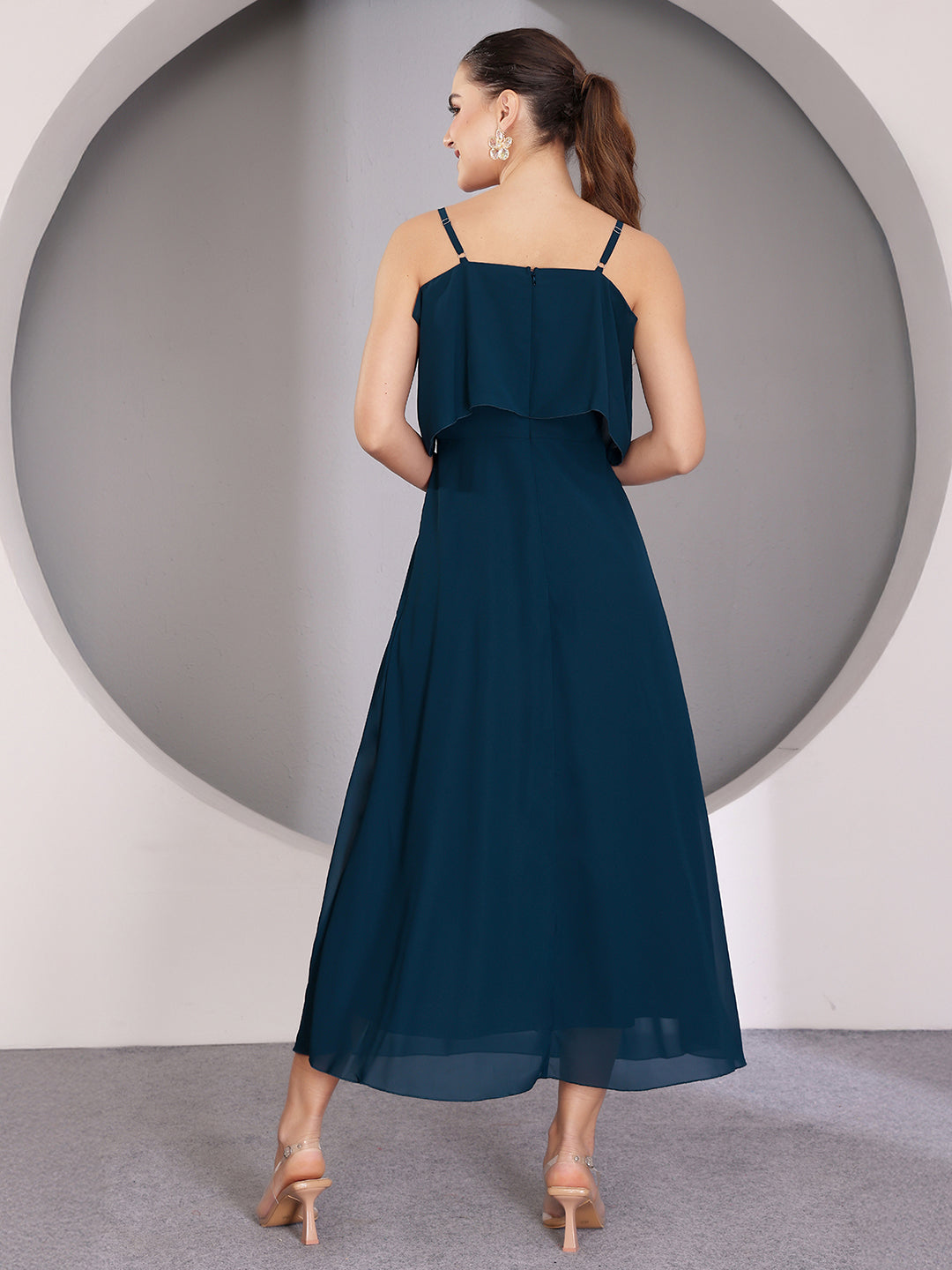 Women's Teal Bardot Style Sleeveless Spaghetti Strap Solid Off Shoulder Midi Skater Dress
