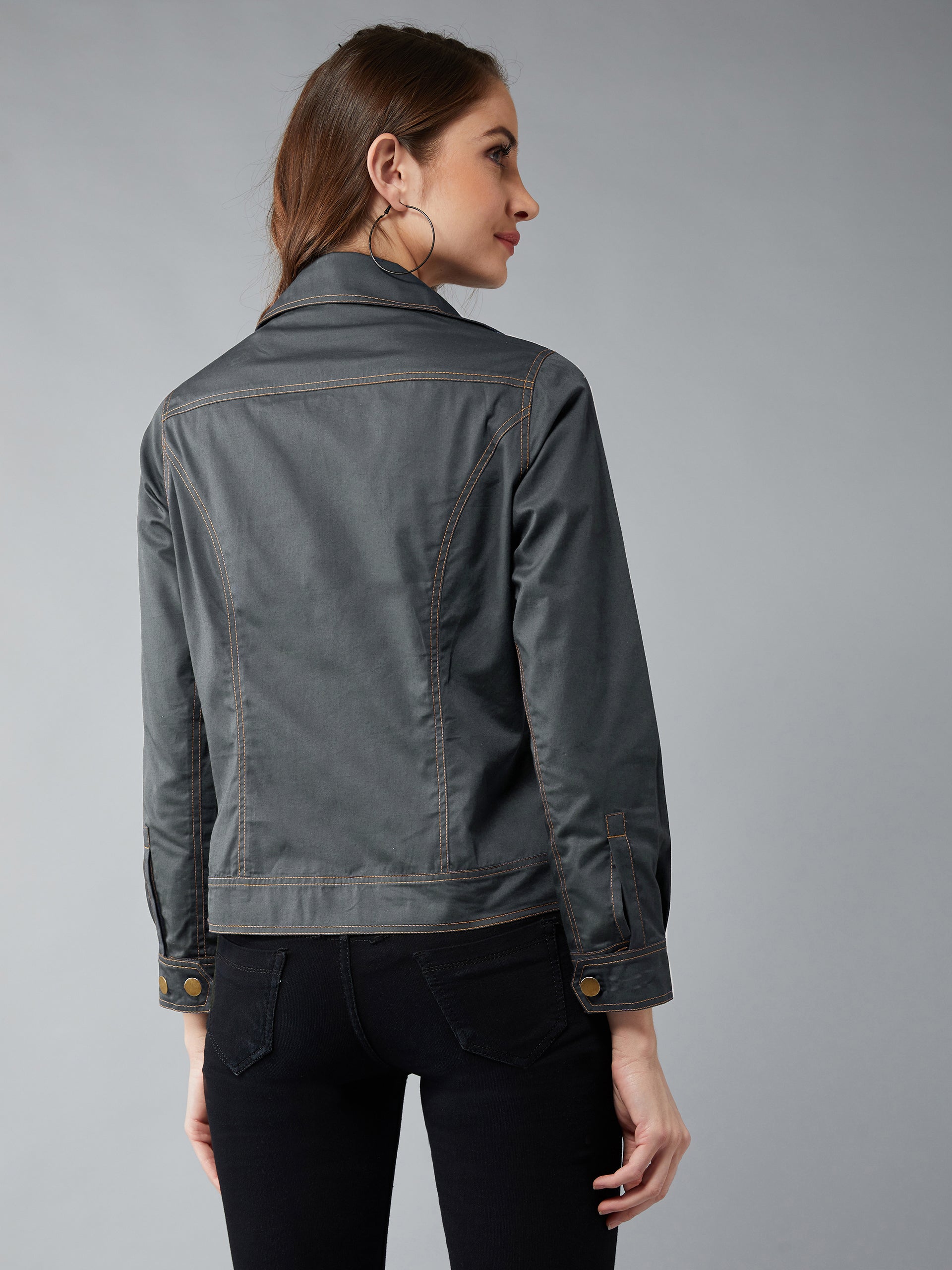 Women's Green Collared Full Sleeves Solid Double Breasted Regular Length Jacket