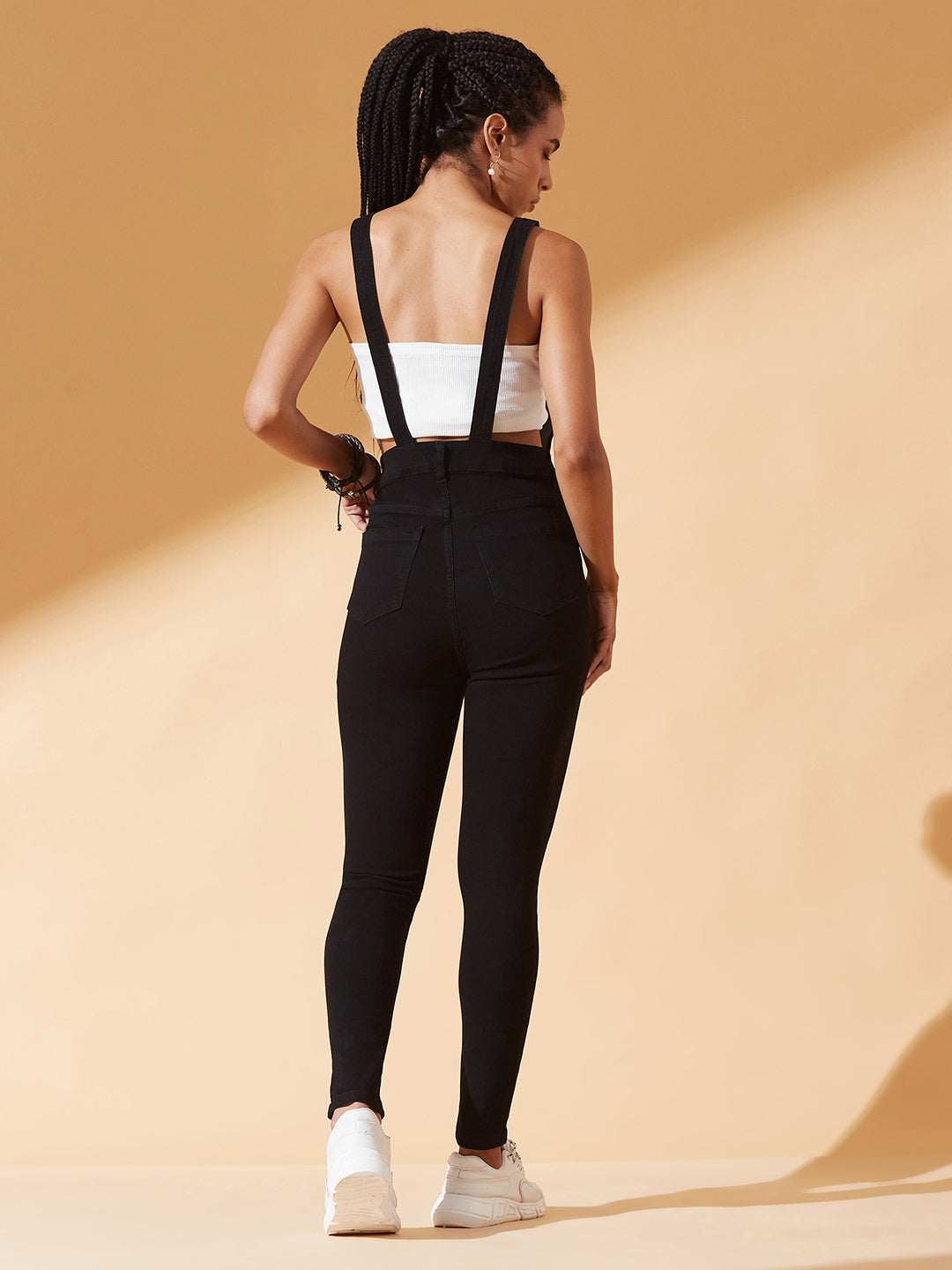 Black Skinny-Fit High-Rise Regular Stretchable Denim Dungaree for Women — Dolce Crudo