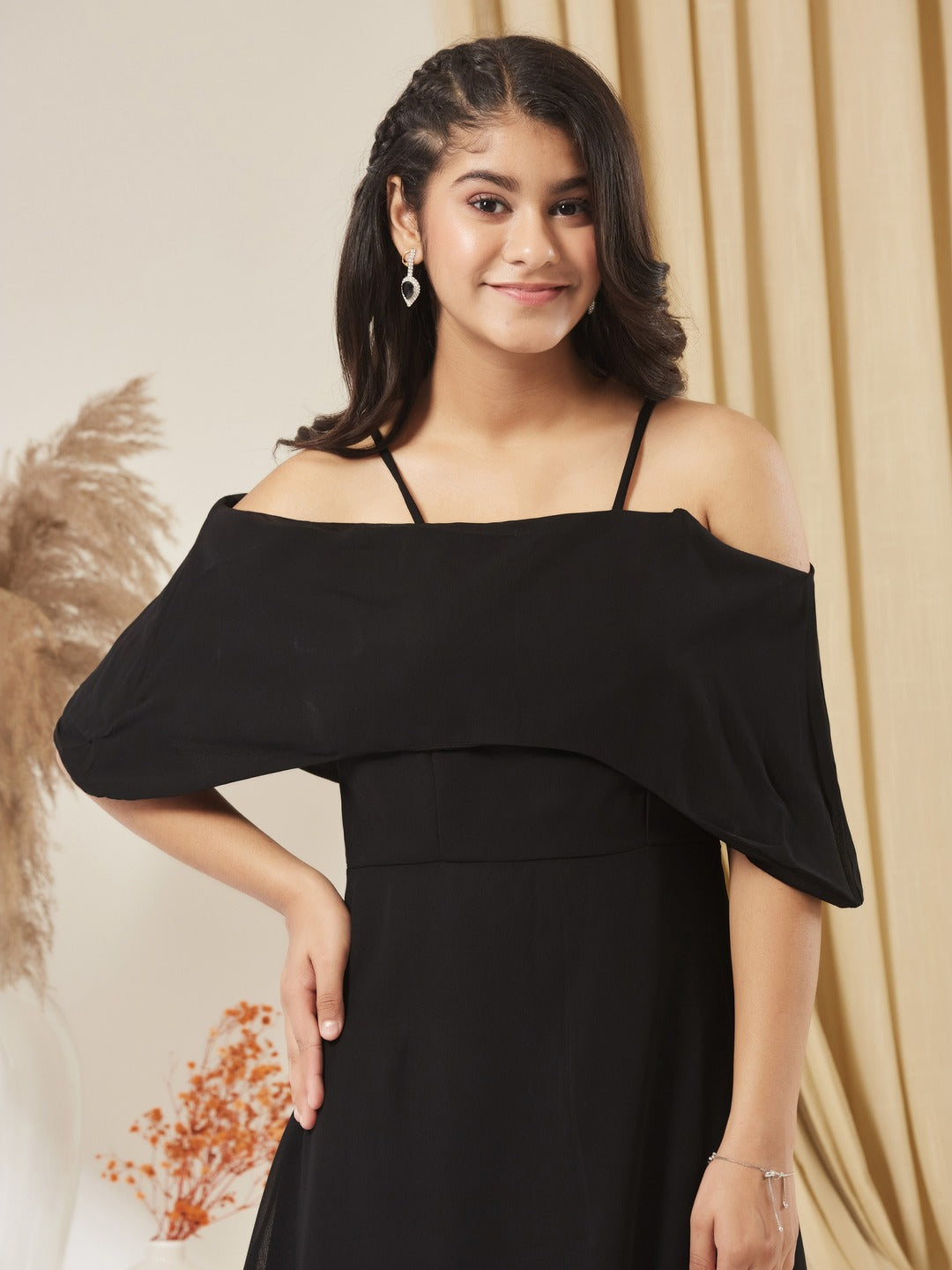 Black Bardot Style Sleeveless Spaghetti Strap Solid Off Shoulder Midi Skater Dress for Girls/Teenagers