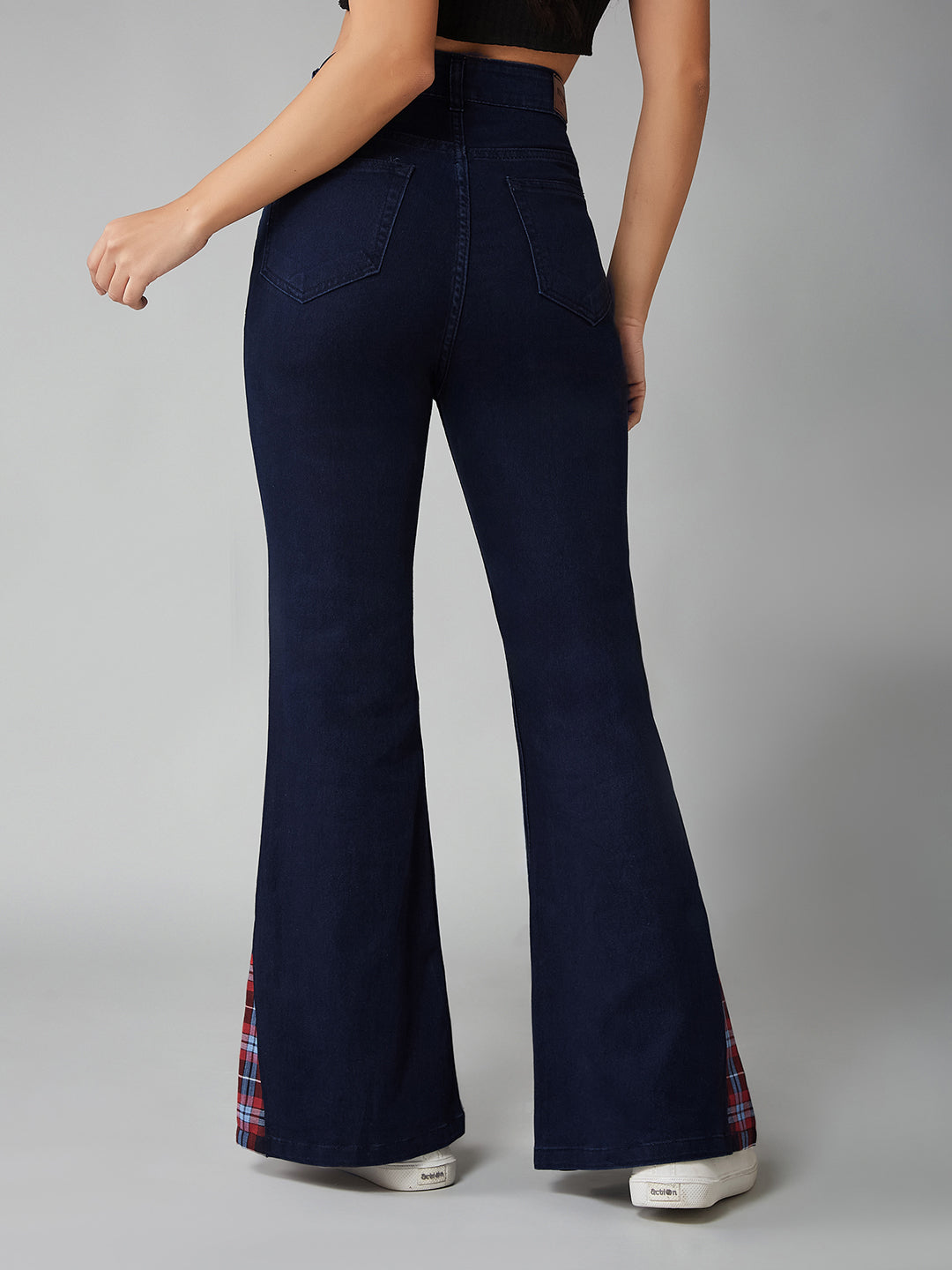 Navy-Blue High-Rise Checked Peeps Stretchable Denim Bootcut Jeans for Women