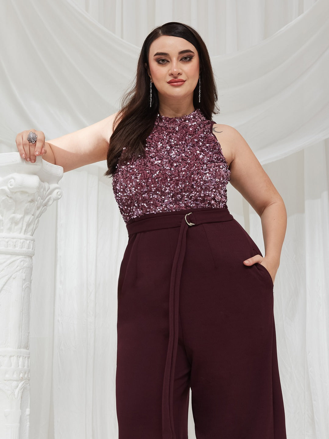 Dark Purple Halter Neck Sleeveless Embellished Regular-Length Jumpsuit for Women — Miss Chase A+