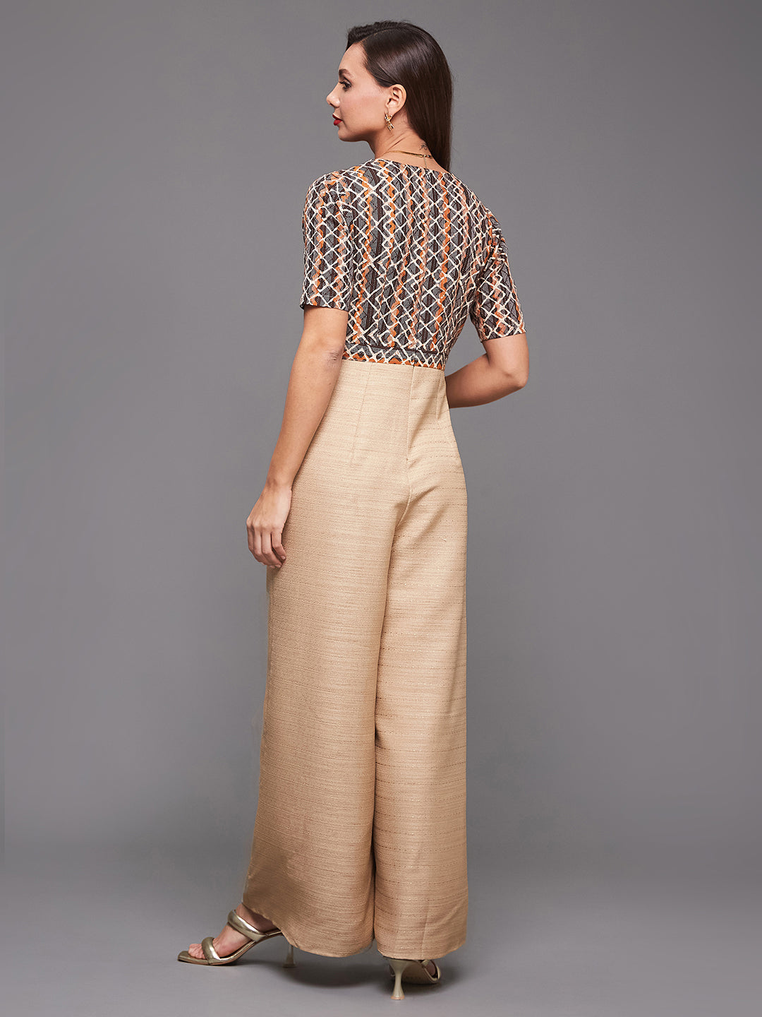 Women's Multicolored-Base-Beige Square Neck Half Sleeve Geometric Pleated Regular-Length Silk Jumpsuit