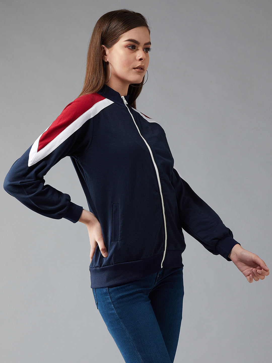 Women's Multicoloured-Base-Navy Blue Turtle-neck Full sleeves Solid Color-Block Regular Jacket