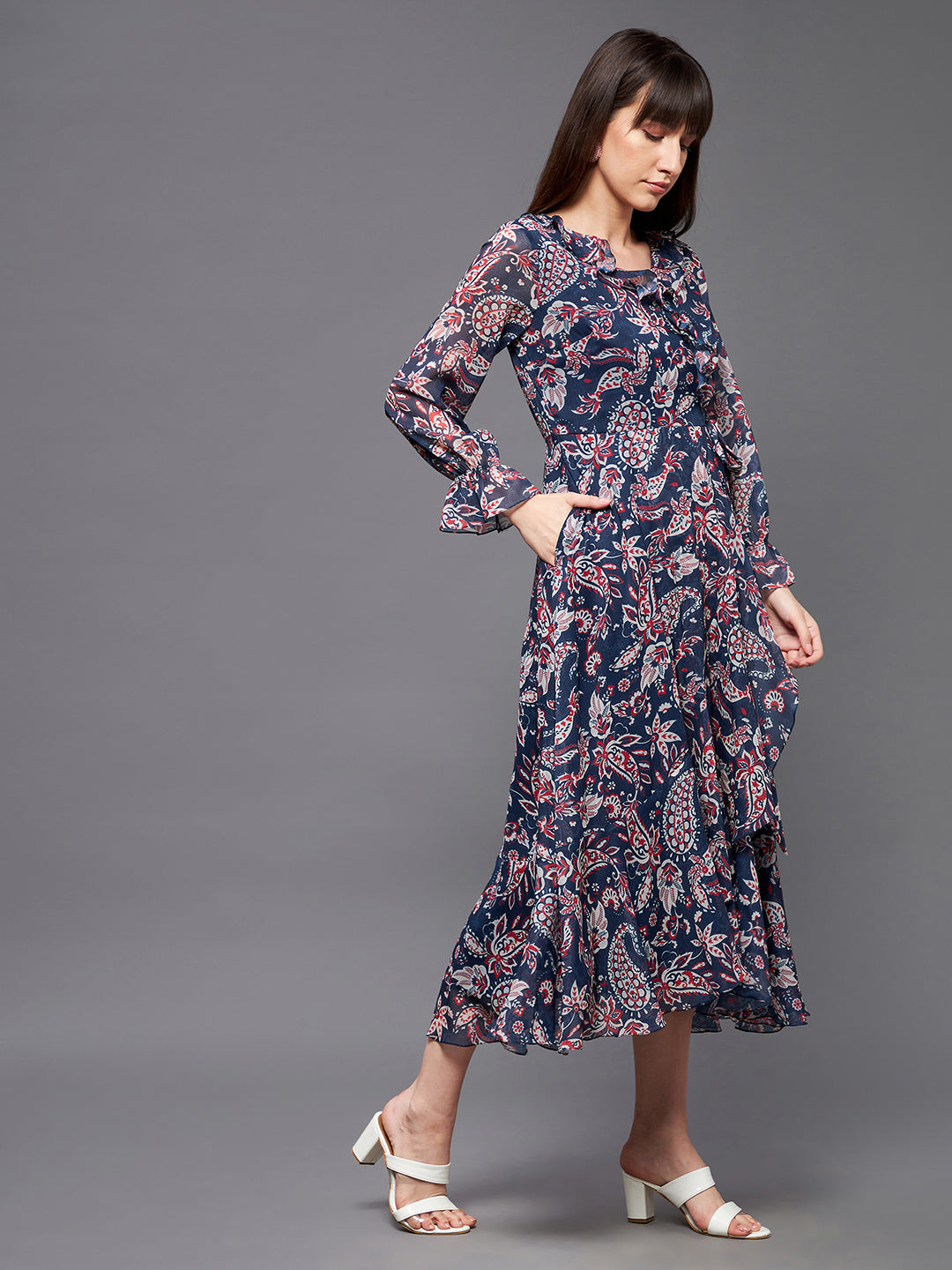 Women's Multicolored-Base-Navy Blue V Neck Full Sleeves Polyester Relaxed Fit Midi Length Dress