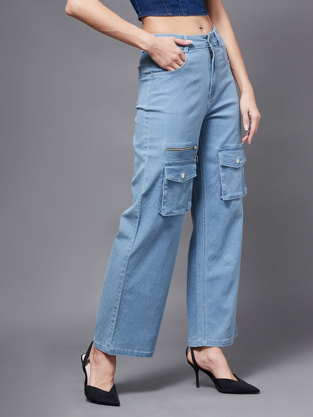 24/7 Comfort Women's Light Blue Wide leg Mid rise Clean look Regular Stretchable Denim Jeans