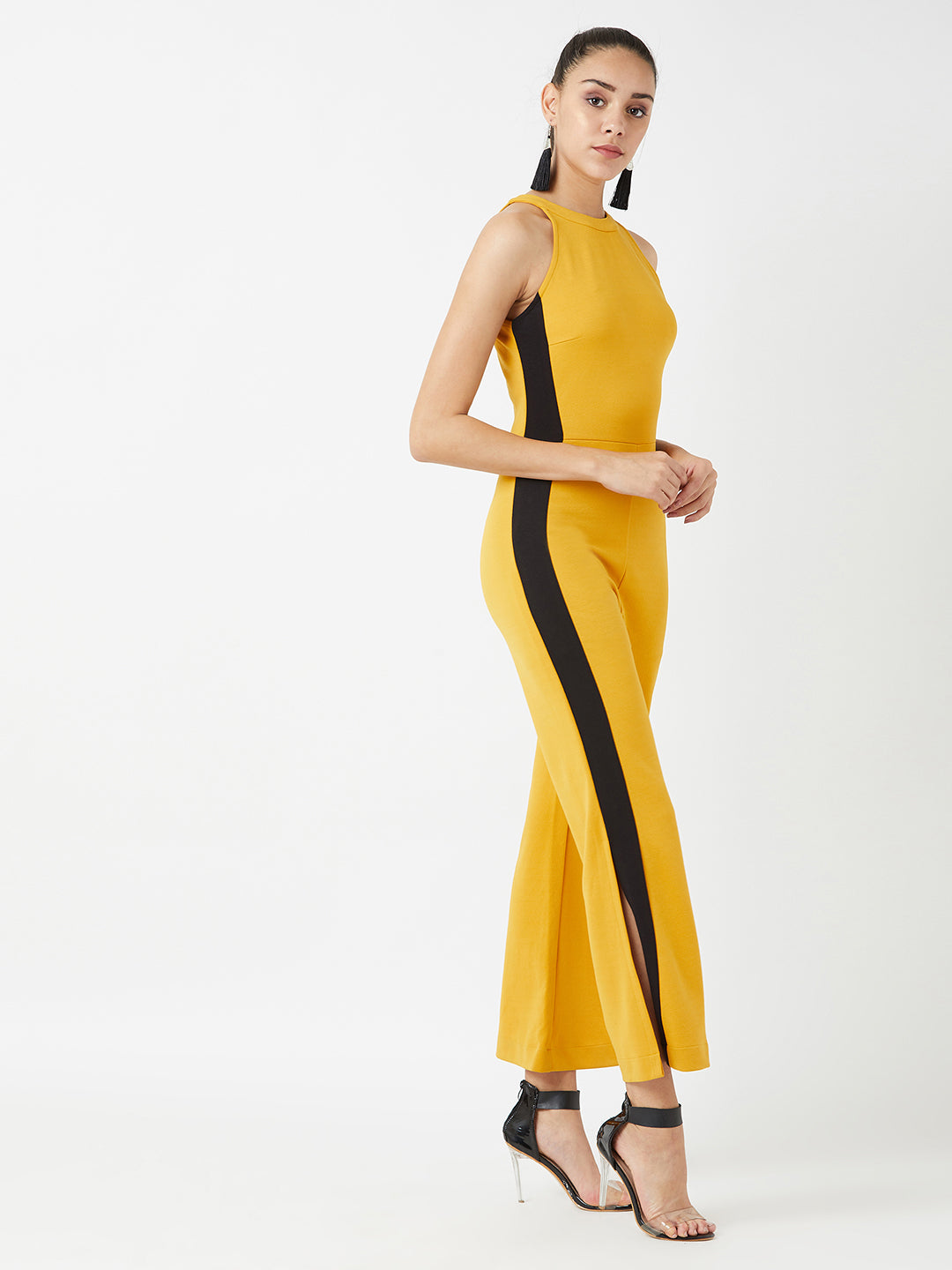 Crease Ease Women's Mustard Yellow & Black Halter Neck Sleeveless Solid Flared Jumpsuit