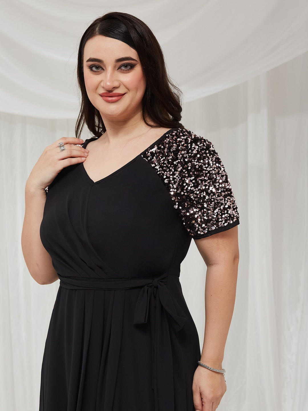 Black V-Neck Raglan Embellished Wrap & Tie-up Maxi Dress for Women — Miss Chase A+
