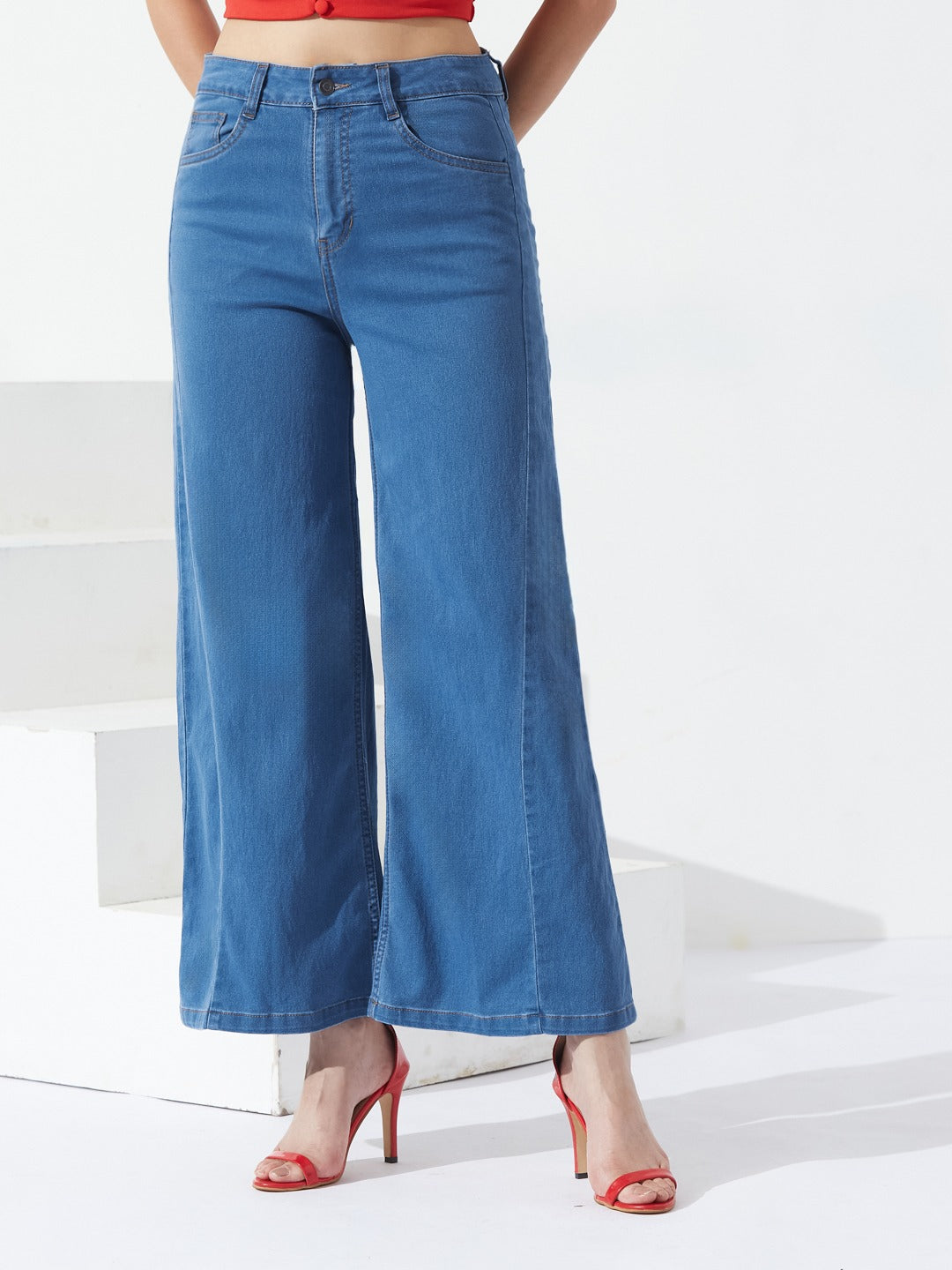 Mid Blue Wide Leg high-rise Curved Panel Stretchable Denim Jeans for Women