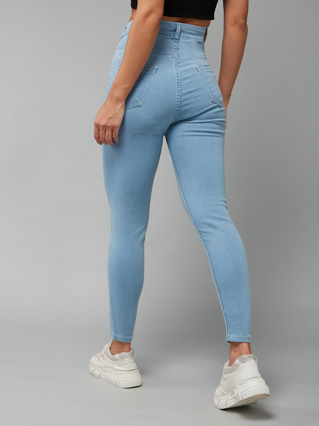 Women's Light Blue Skinny High-Rise Distressed Cropped Denim Jeans