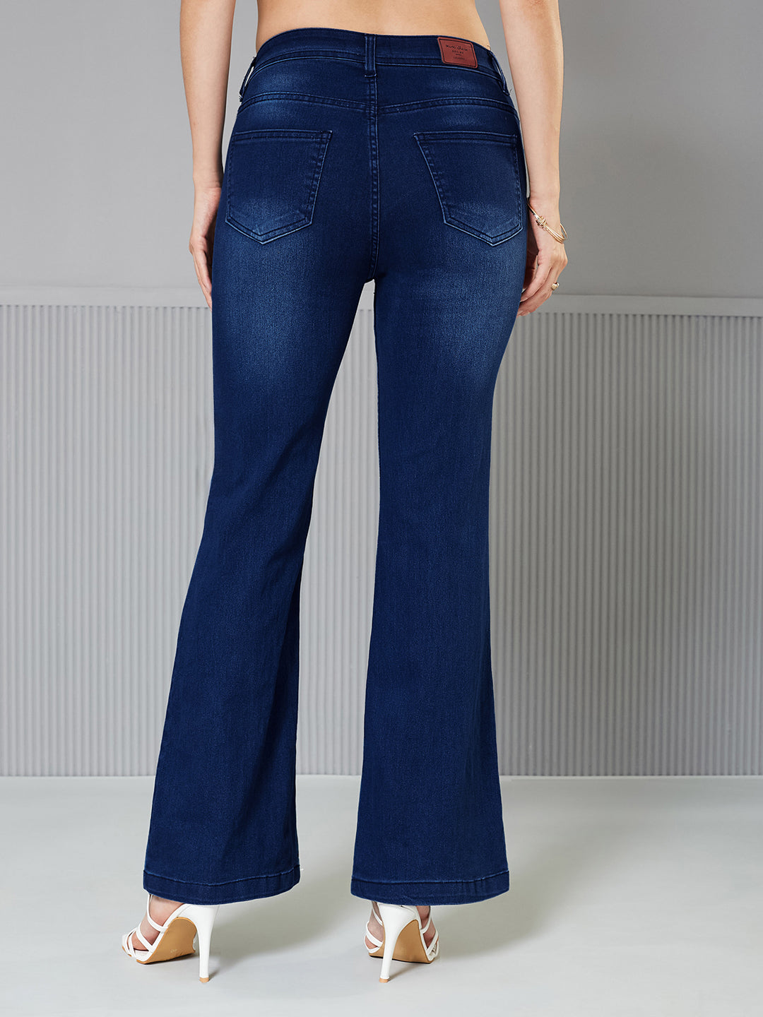 24/7 Comfort Navy-Blue High-Rise Clean-Look Stretchable Bootcut Denim Jeans for Women — Miss Chase