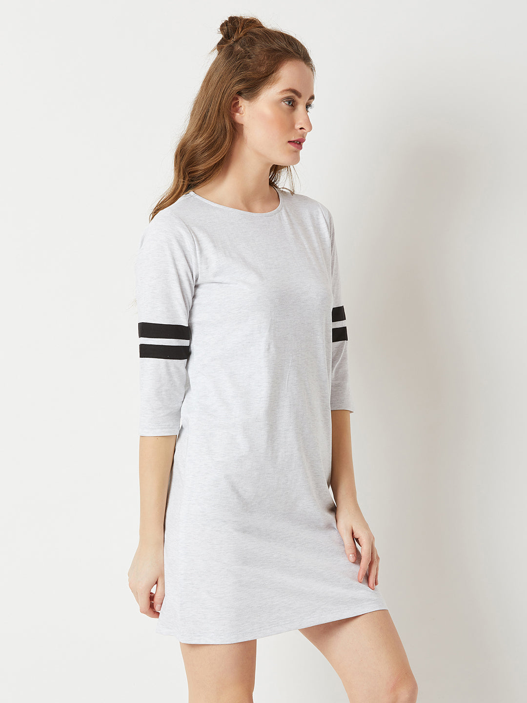 Women's Grey Solid Round Neck 3/4 Sleeve Paneled Shift Dress