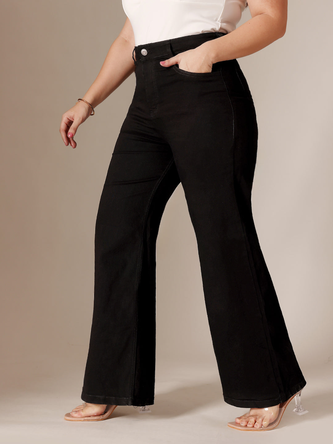 Black Wide Leg High Rise Clean Look Regular-Length Stretchable Denim Jeans for Women