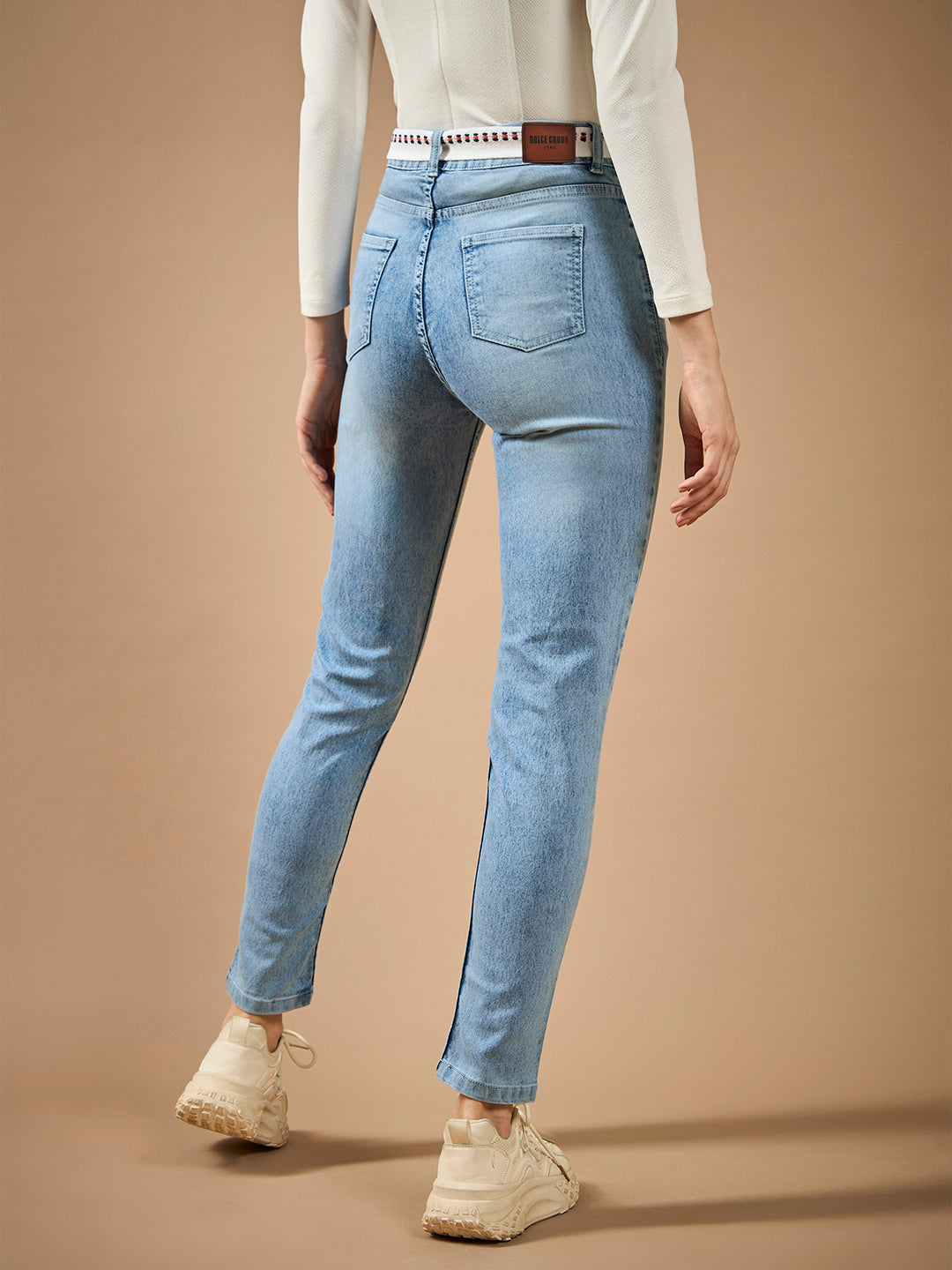 Women's Light Blue Slim Fit High-Rise Regular-Length Light Wash Twill Tape Detailing Denim Stretchable Jeans
