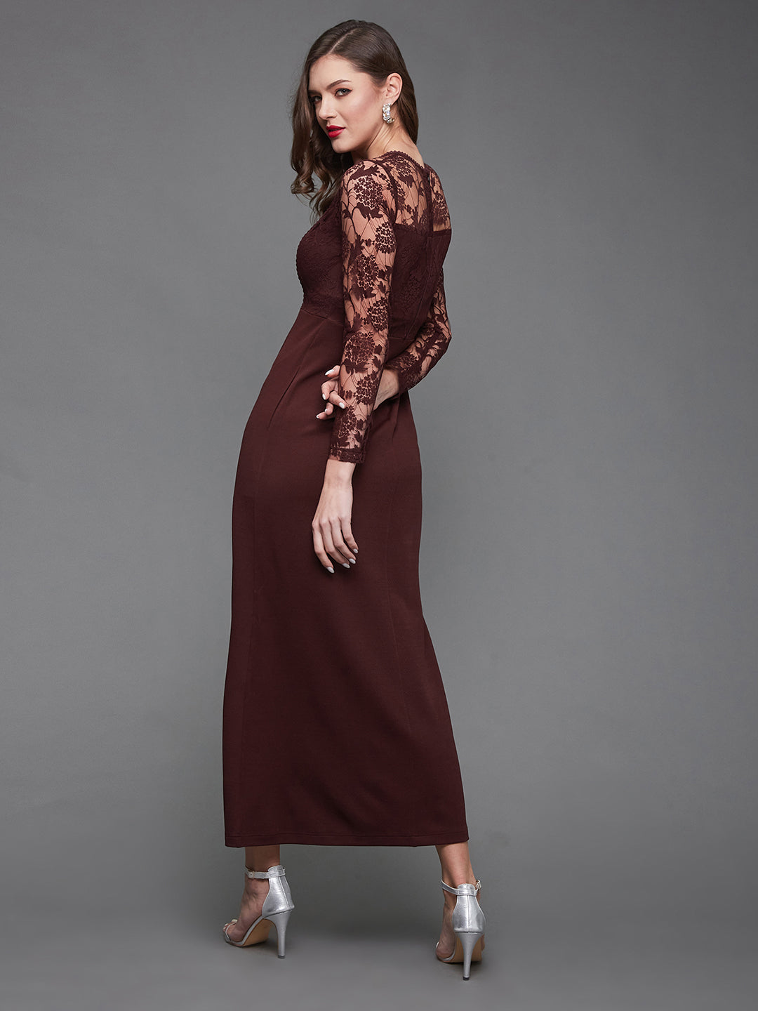 Crease Ease Women's Wine Colored Floral Polyester Slim Fit Round Neck Full Sleeve Maxi Dress