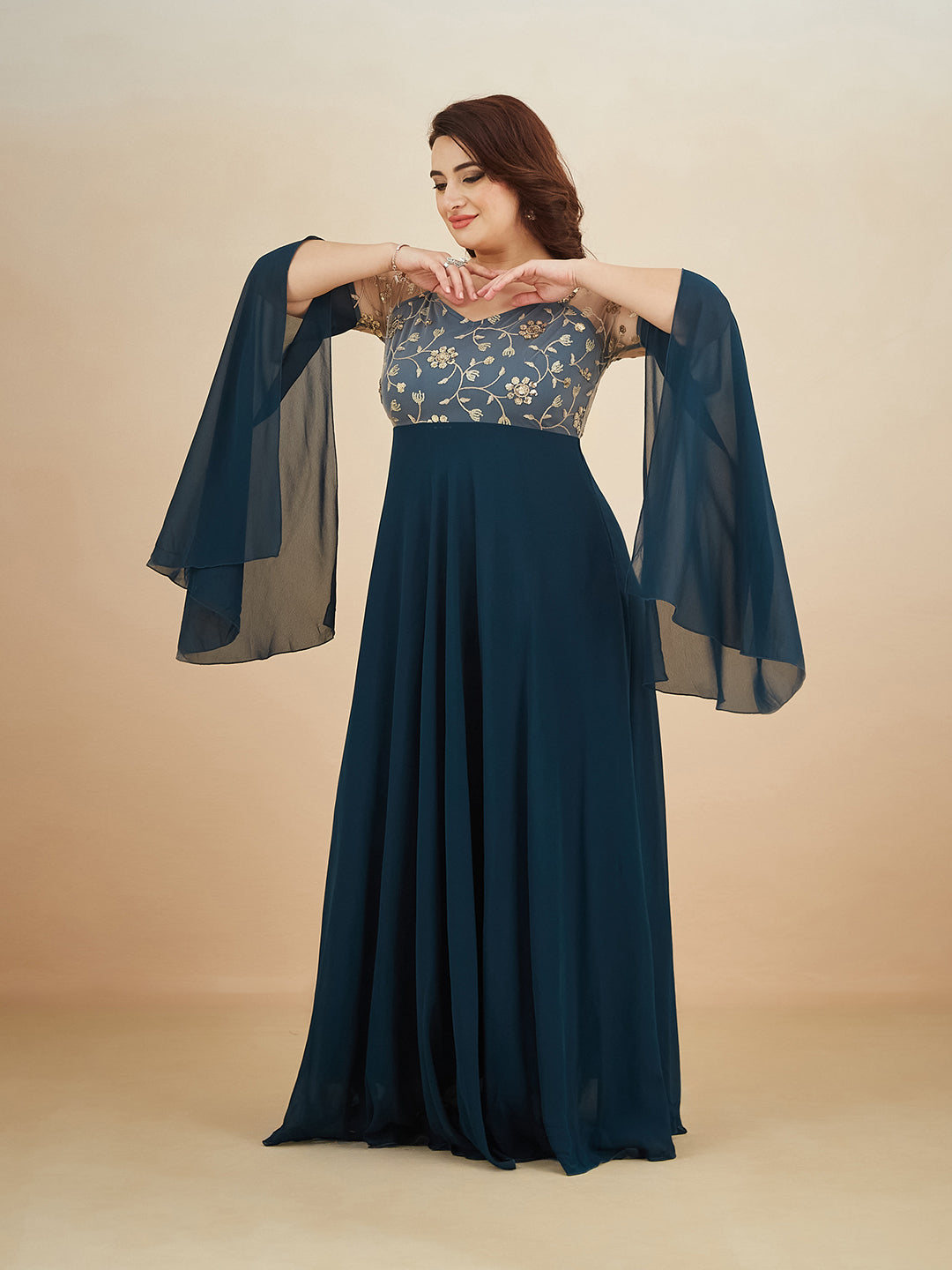 Teal V-Neck Full Sleeve Embroidered Fit & Flare Georgette Maxi Dress for Women