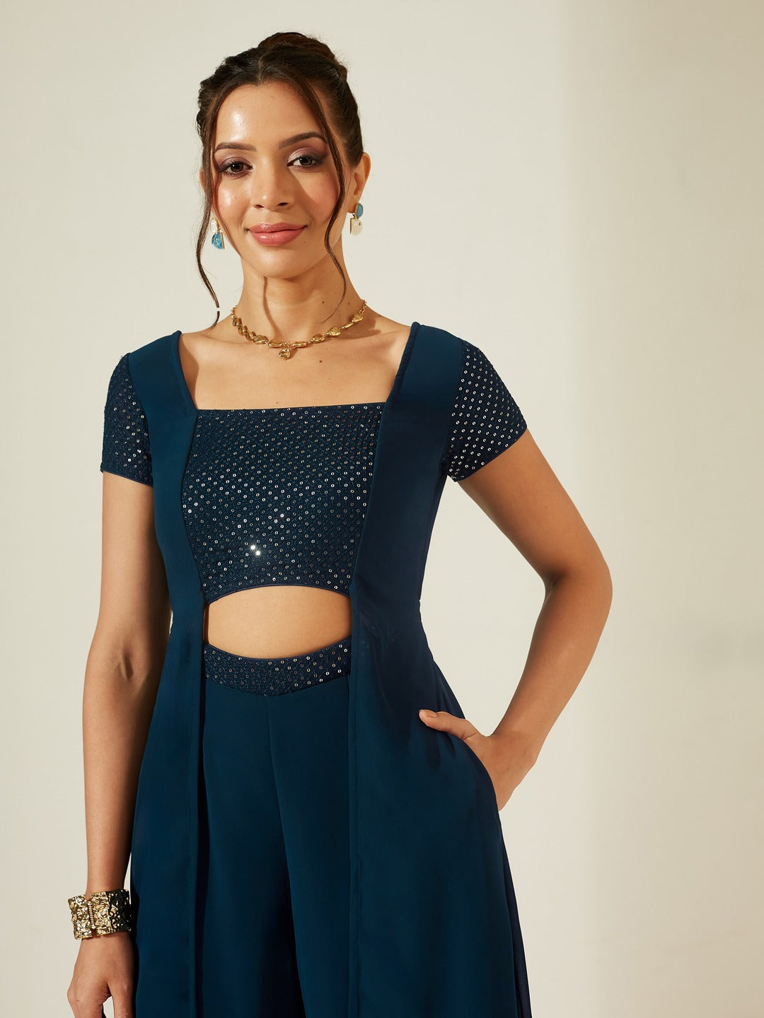 Teal Embellished Square Neck Short Sleeve Georgette Cut Out Relaxed Fit Regular Jumpsuit for Women