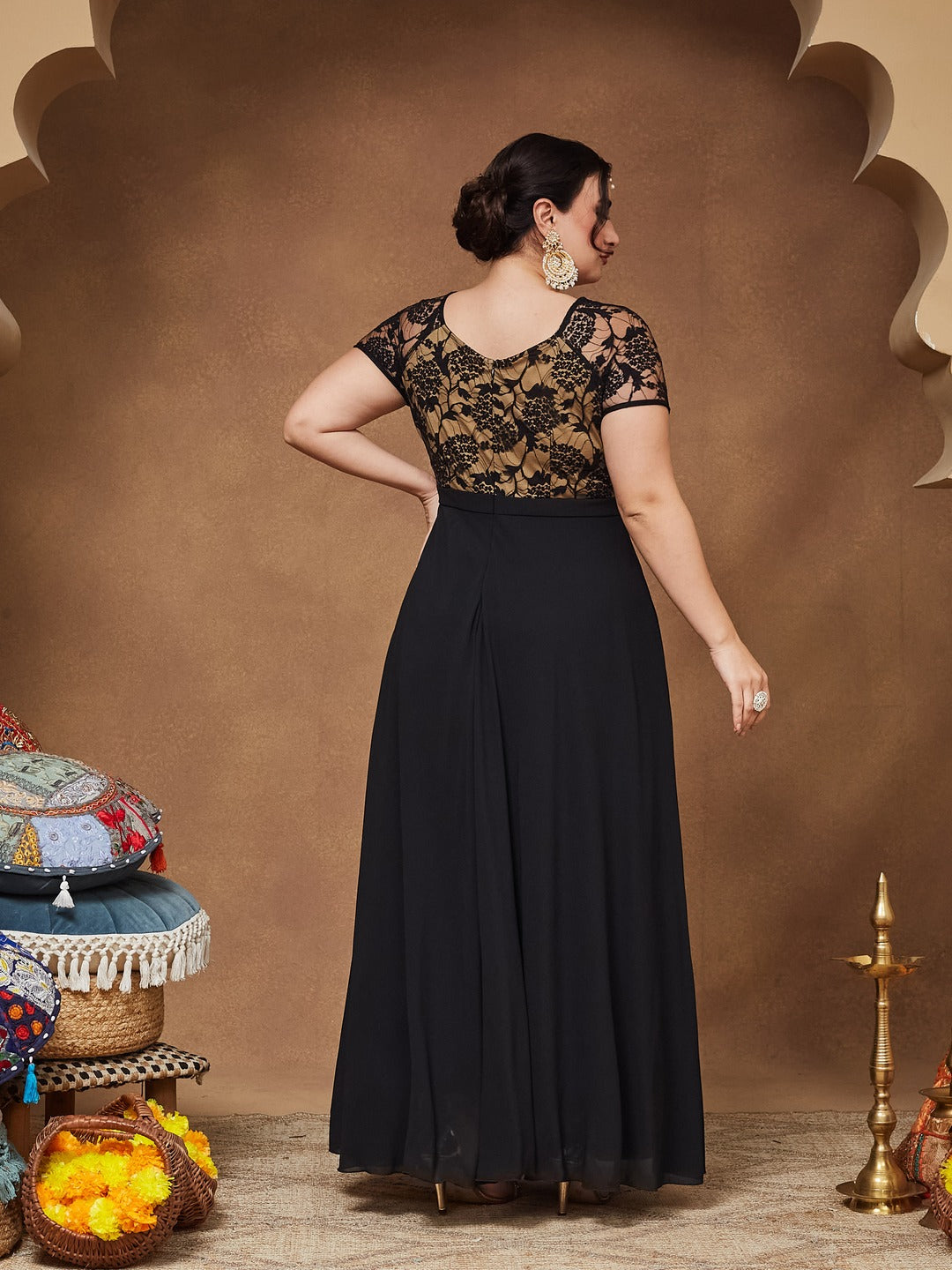Black Square Neck Raglan Short Sleeve Self Design Lace Overlaid Georgette Maxi Dress for Women — Miss Chase A+