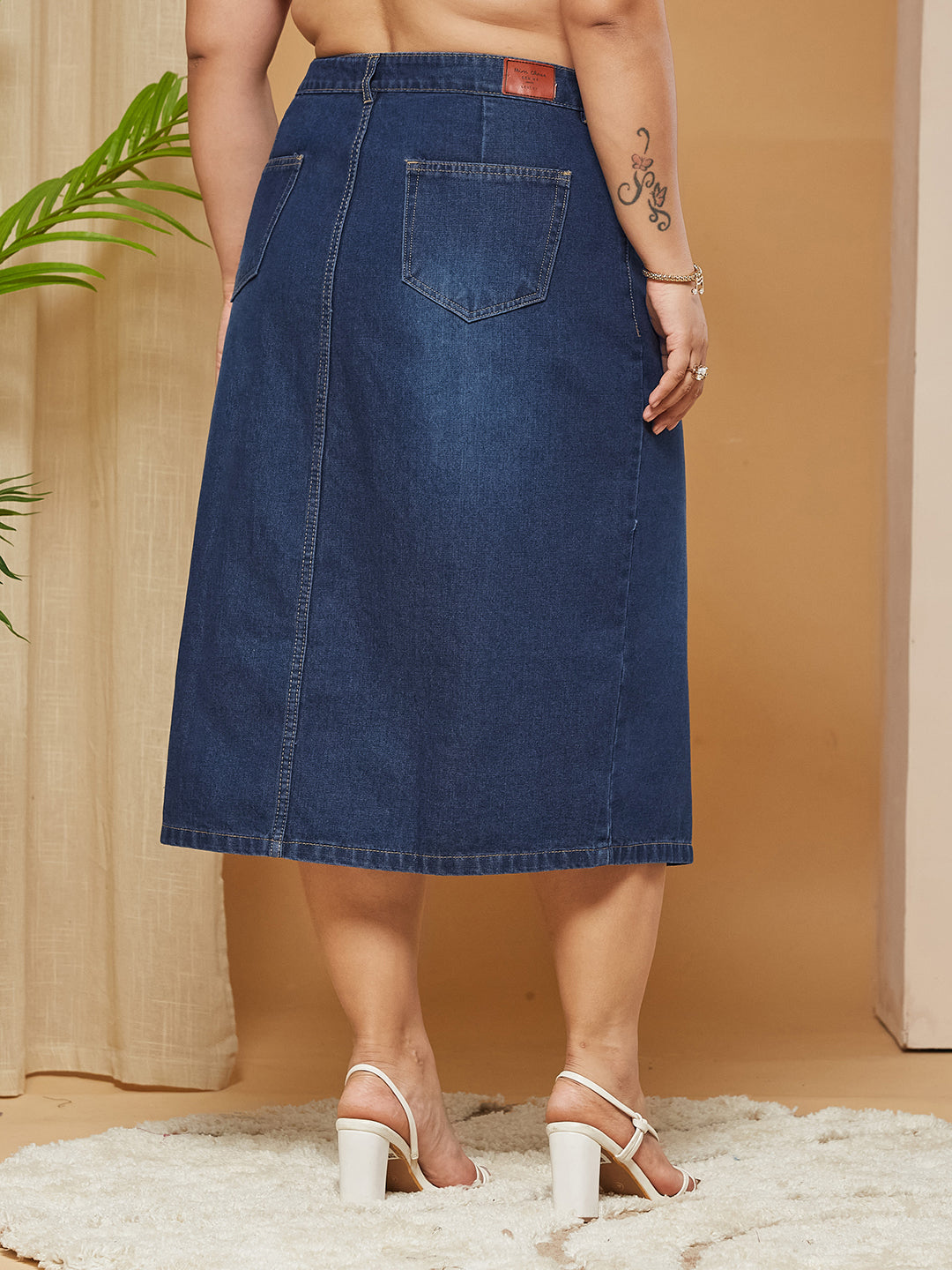 Dark Blue A-Line High-Rise Non-stretchable Denim Midi Skirt for Women