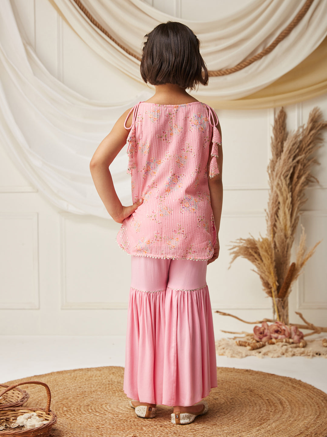 Multicolored-Base-Bubblegum Pink Round Sleeveless Embellished Kurta Set