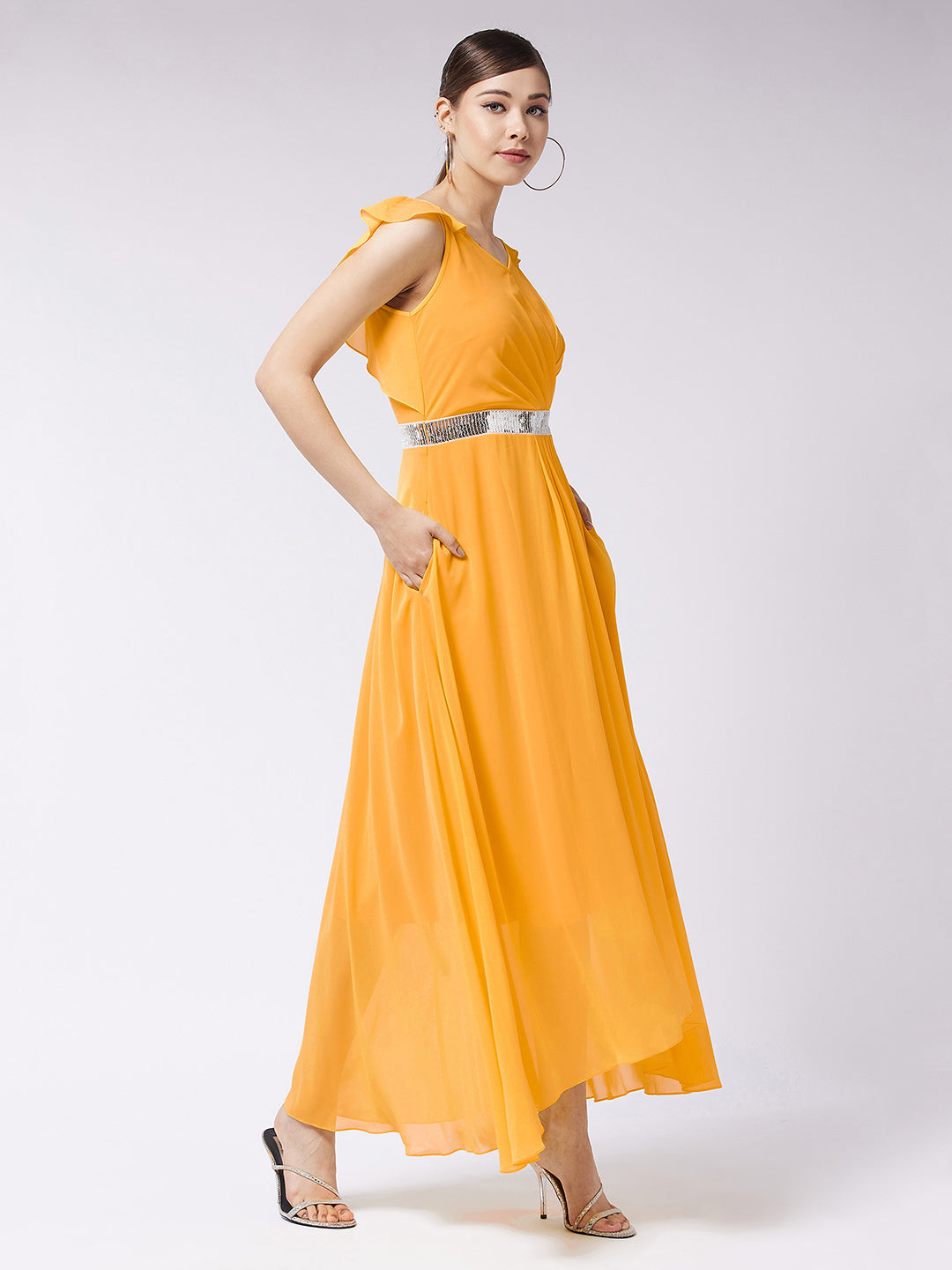 Women's Mustard V-Neck Ruffled Sleeve Silver Sequined Party Maxi Dress