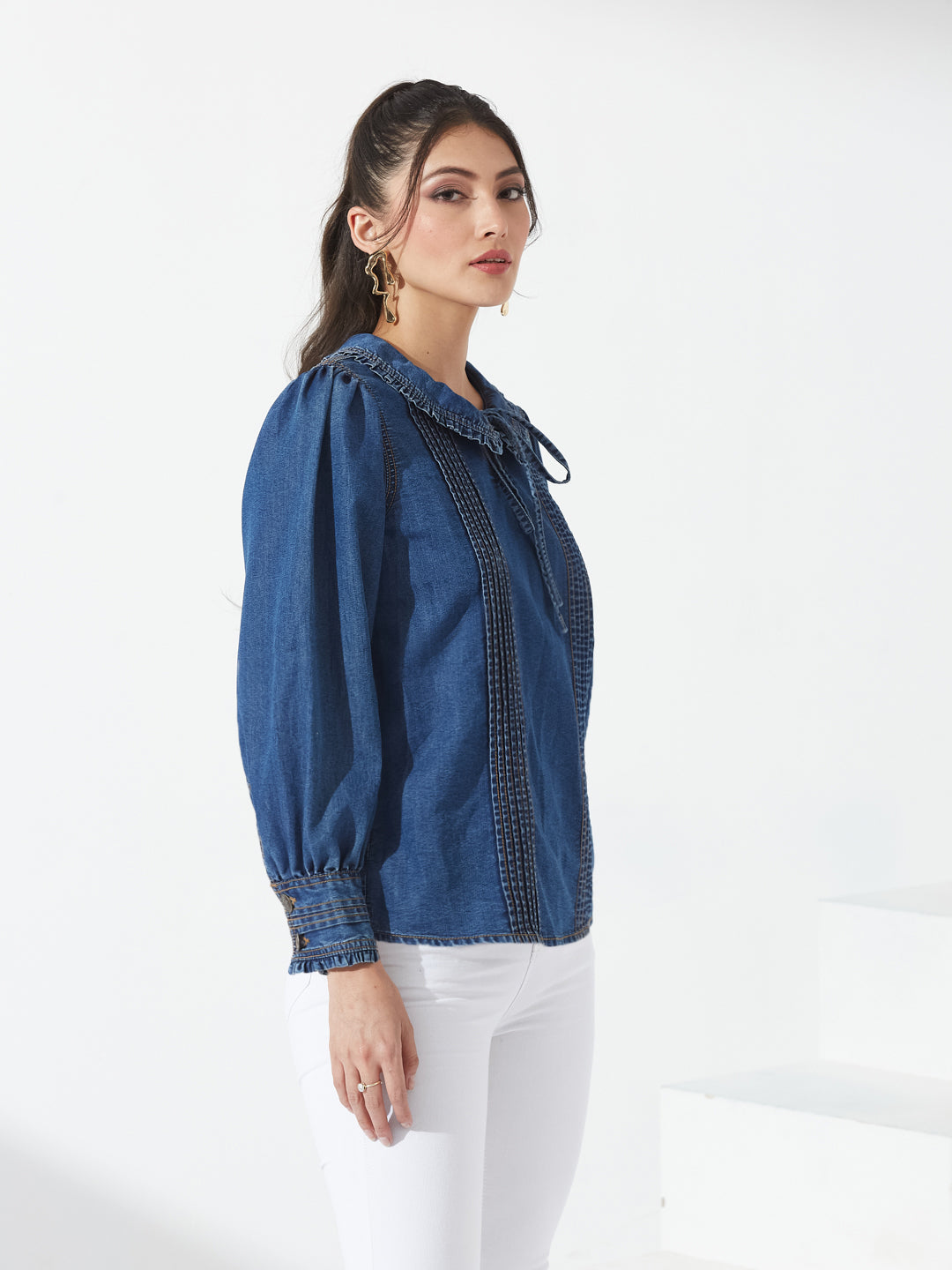 Navy Blue Peter Pan Collar Ruffled Puff Sleeve Pin-Tucked Denim Tunic Top For Women — Miss Chase