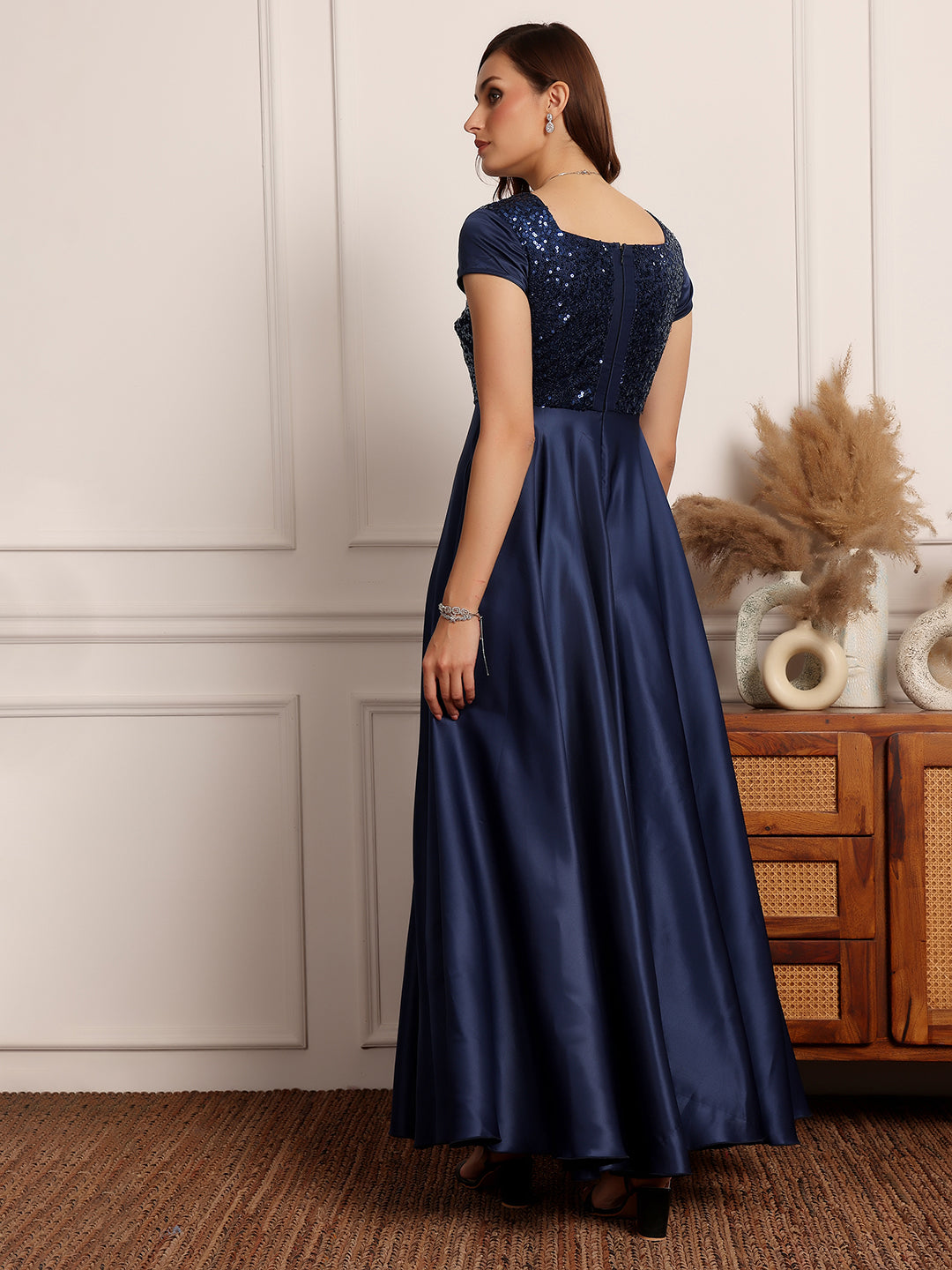 Women's Navy Blue Square Neck Short Sleeve Embellished Fit & Flare Maxi Dress