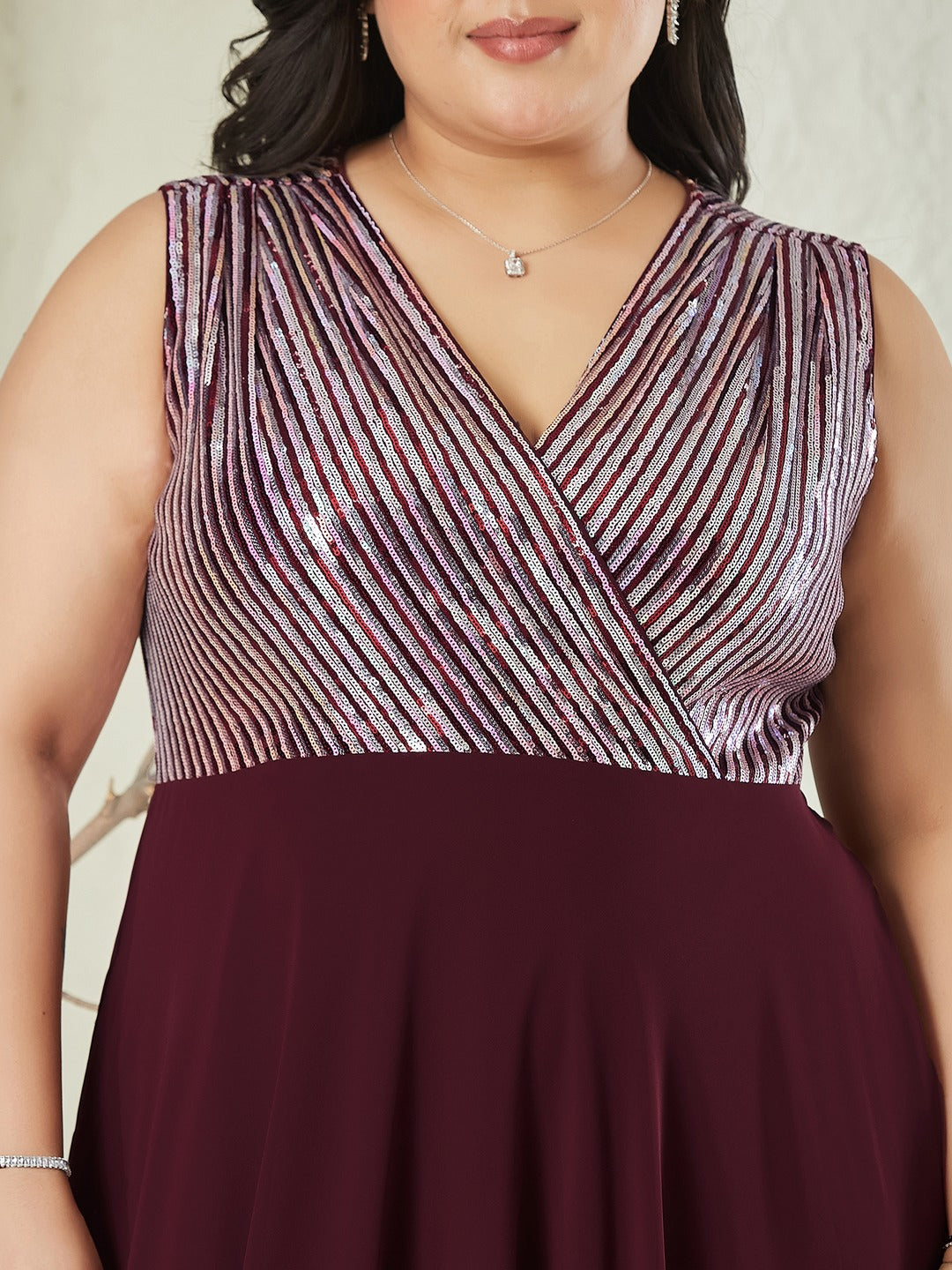 Wine V-Neck Sleeveless Embellished Wrap-Styled Maxi Georgette Dress for Women