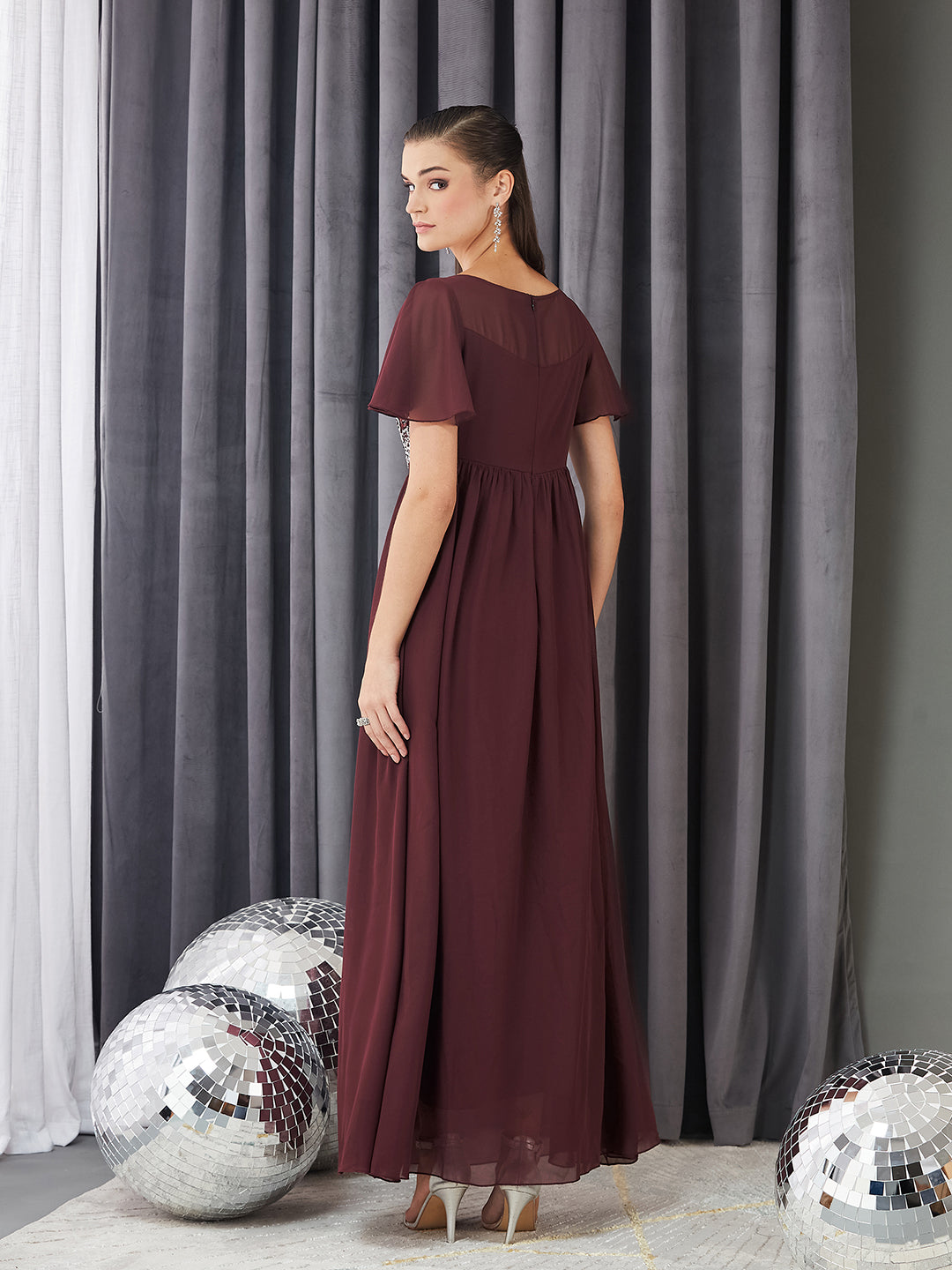 Women's Wine Boat Neck Half Sleeve Solid Embellished Georgette Maxi Dress