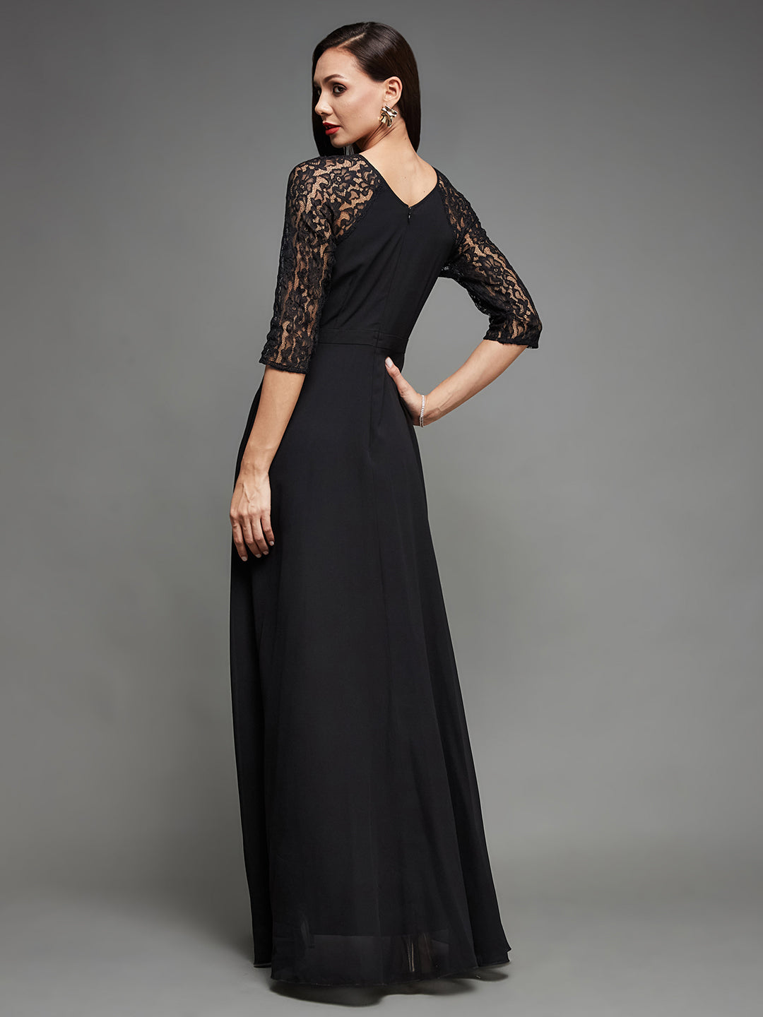 Women's Black V-Neck Raglan Embellished Wrap Maxi Georgette Dress