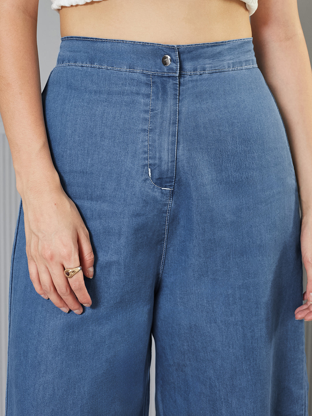 Blue Flared Wide-Leg High-Rise Regular-Length Non Stretchable Light Weight Denim Pants for Women