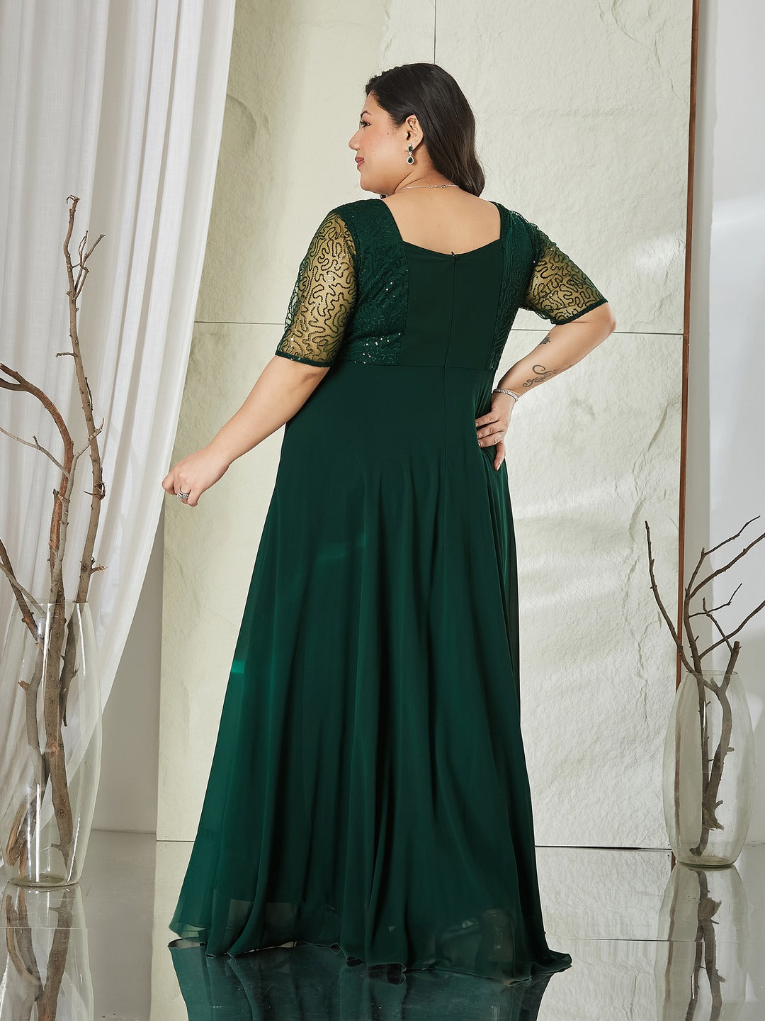 Dark Green Square Neck Half Sleeve Solid Embellished Maxi Dress for Women