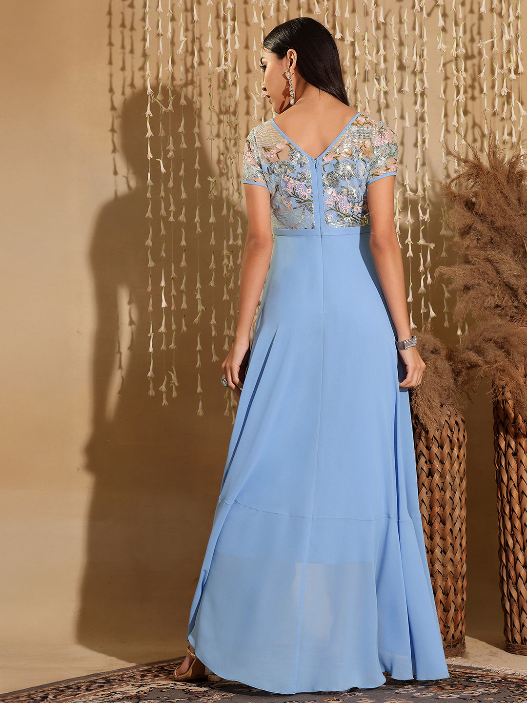 Women's Multicolored-Base-Sky Blue Round Neck Short Sleeve Floral Layered Georgette Midi Dress
