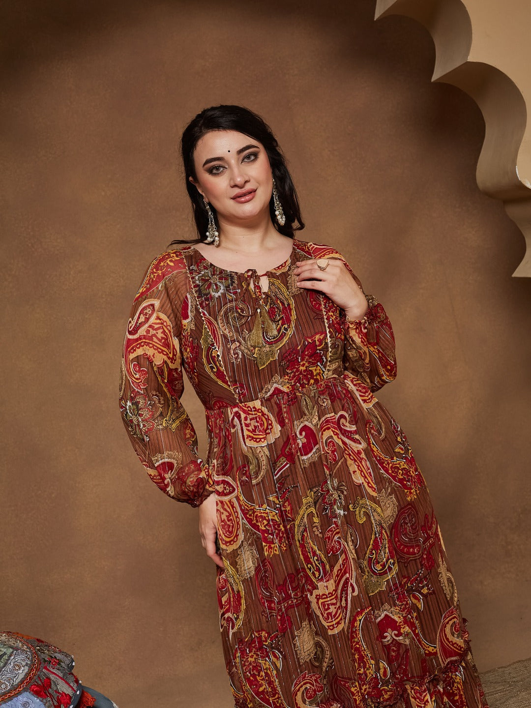 Brown Relaxed Fit Maxi Lurex Chiffon Dress for Women