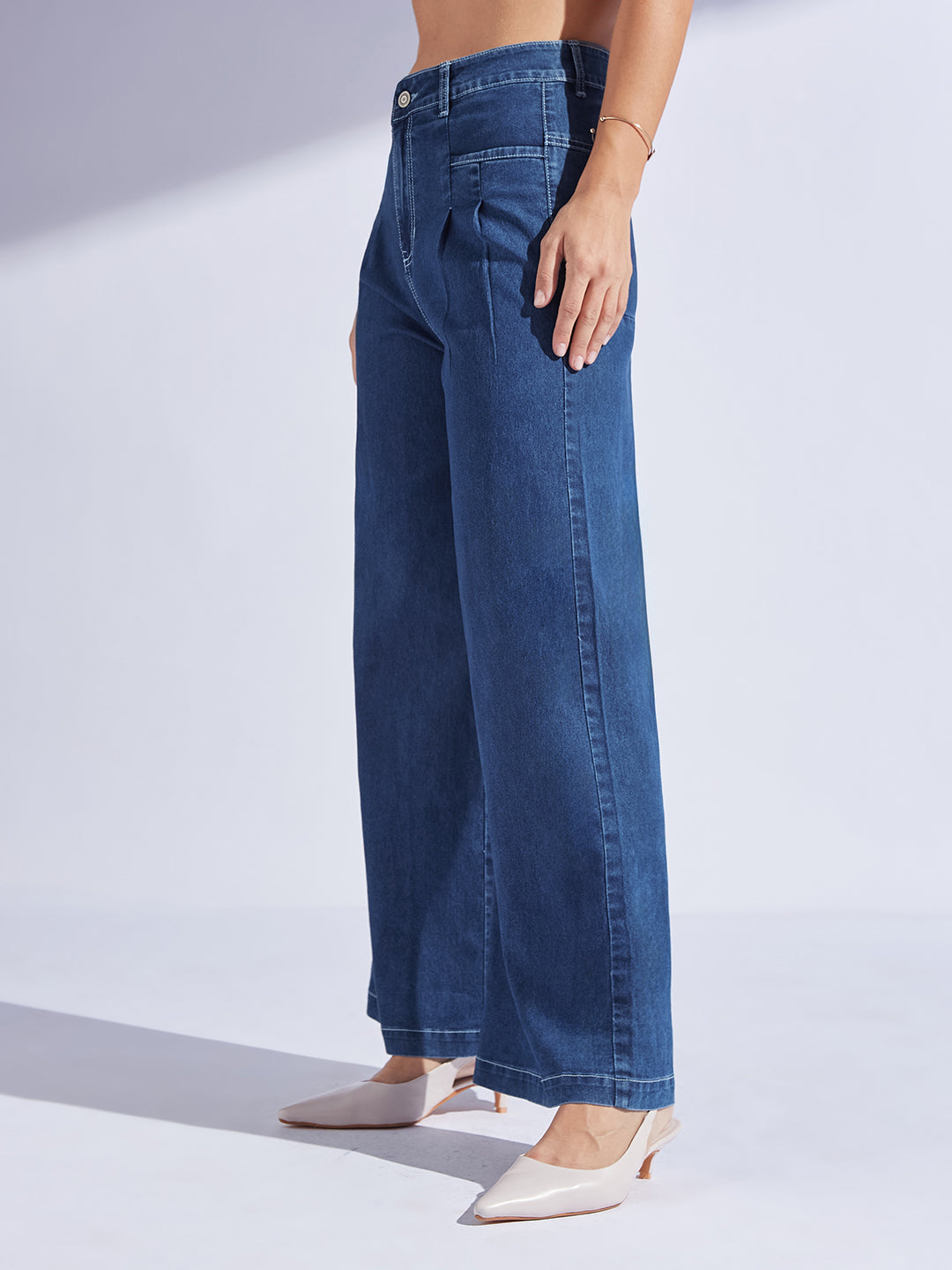 Mid-Rise Dark Blue Korean Pleated Wide-Leg Jeans in Lightweight Stretch Denim for Women — Miss Chase