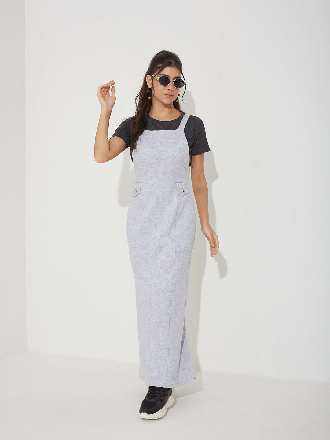 Grey and Black Solid Cotton Pinafore Maxi Co-ord Set with Utility Pockets for Women — Miss Chase
