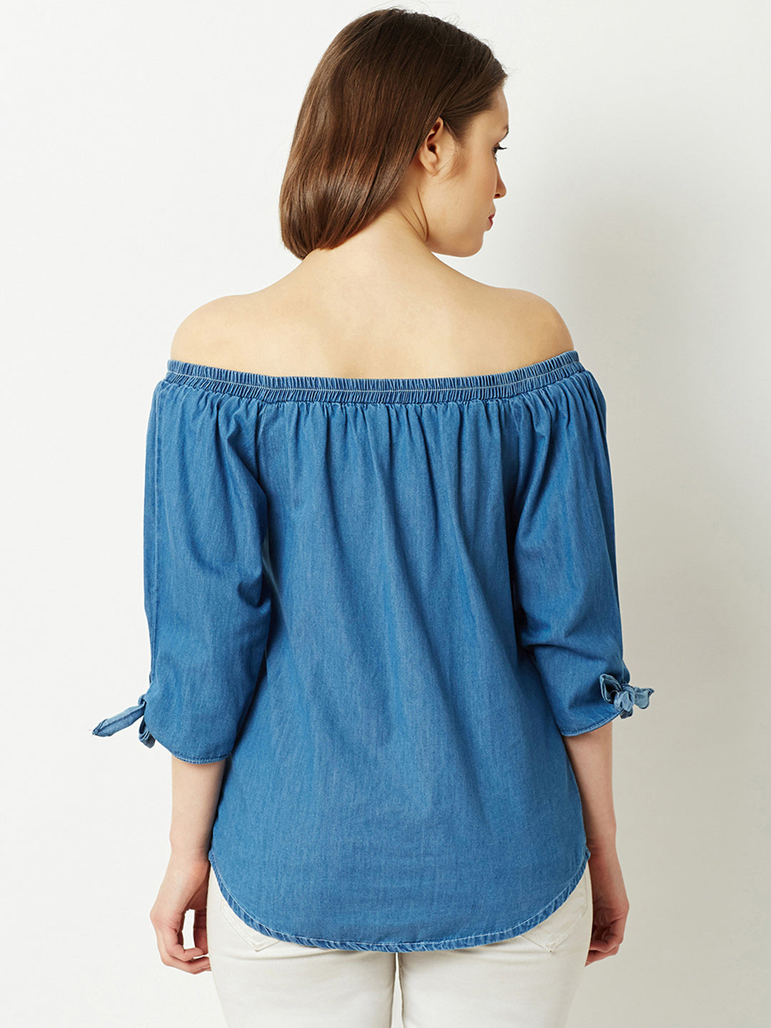 Women's Blue Off-shoulder 3/4 Sleeve Cotton Solid Denim Bardot Top