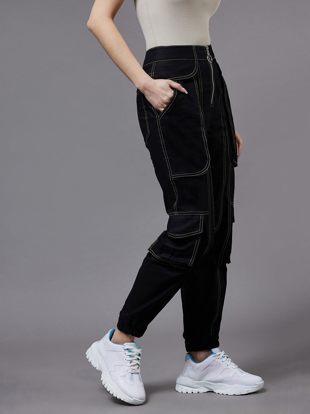 Women's Black Cotton Solid Paneled Regular  Joggers