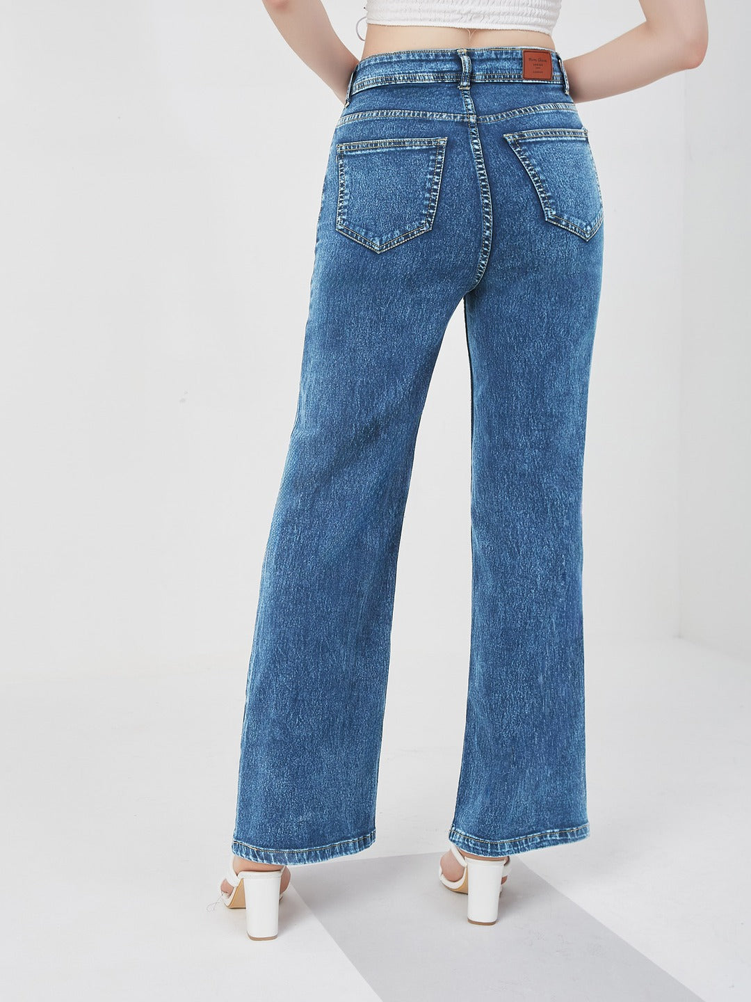 Mid Blue Wide leg high-rise Regular Stretchable Denim Jeans for Women