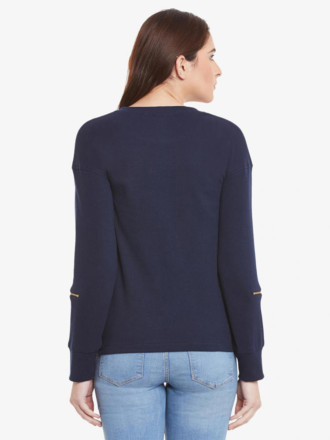 Women's Navy Blue Solid Round Neck 3/4 Sleeve Regular Length Top