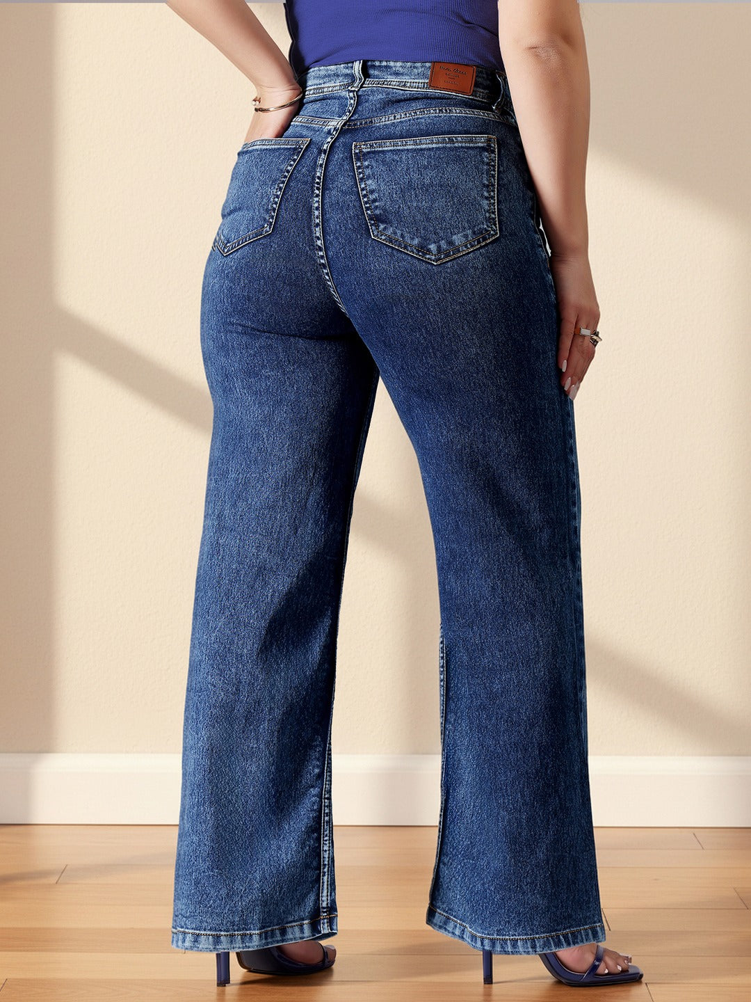 Mid Blue Wide-Leg High-Rise Stretchable Denim Jeans for Women