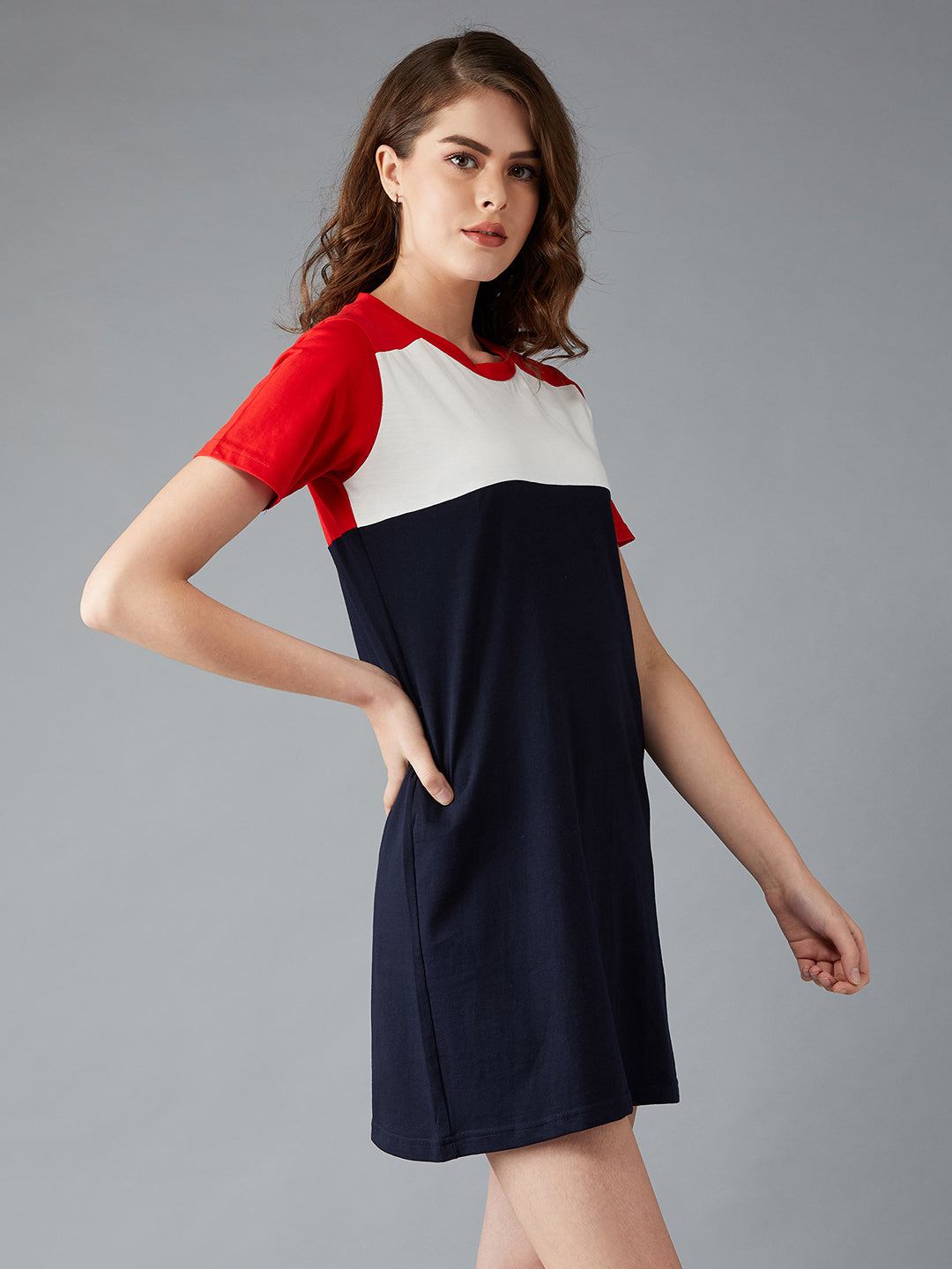 Women's Navy Blue, White, Red Round Neck Short Sleeve Solid Paneled Mini Dress