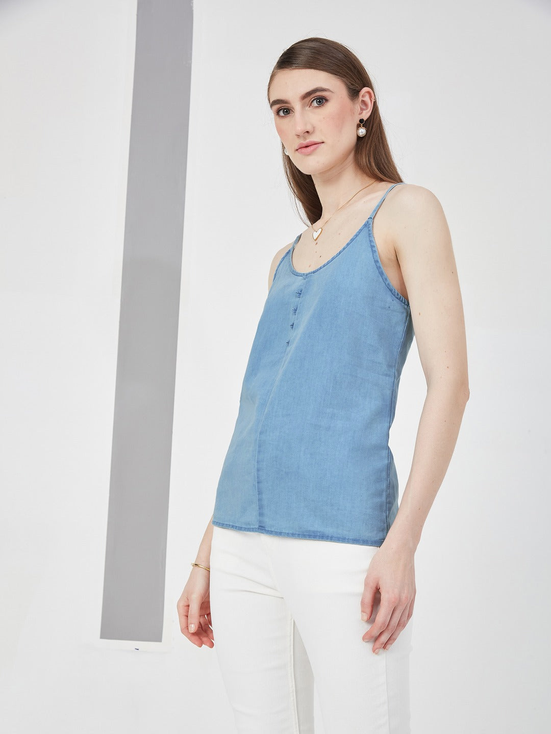 Light Blue V Neck Sleeveless Cotton Solid Denim Spaghetti Top for Women