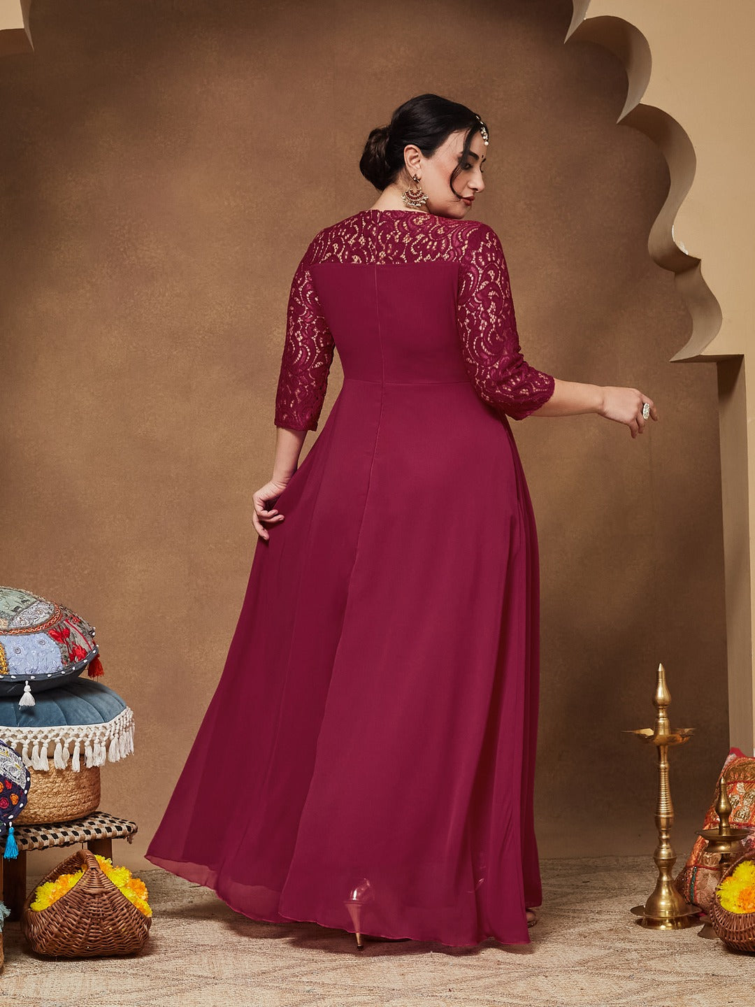 Dark Pink Colored V-Neck Three-Quarter Sleeve Self-Designed Wrap Maxi Georgette Dress for Women — Miss Chase A+